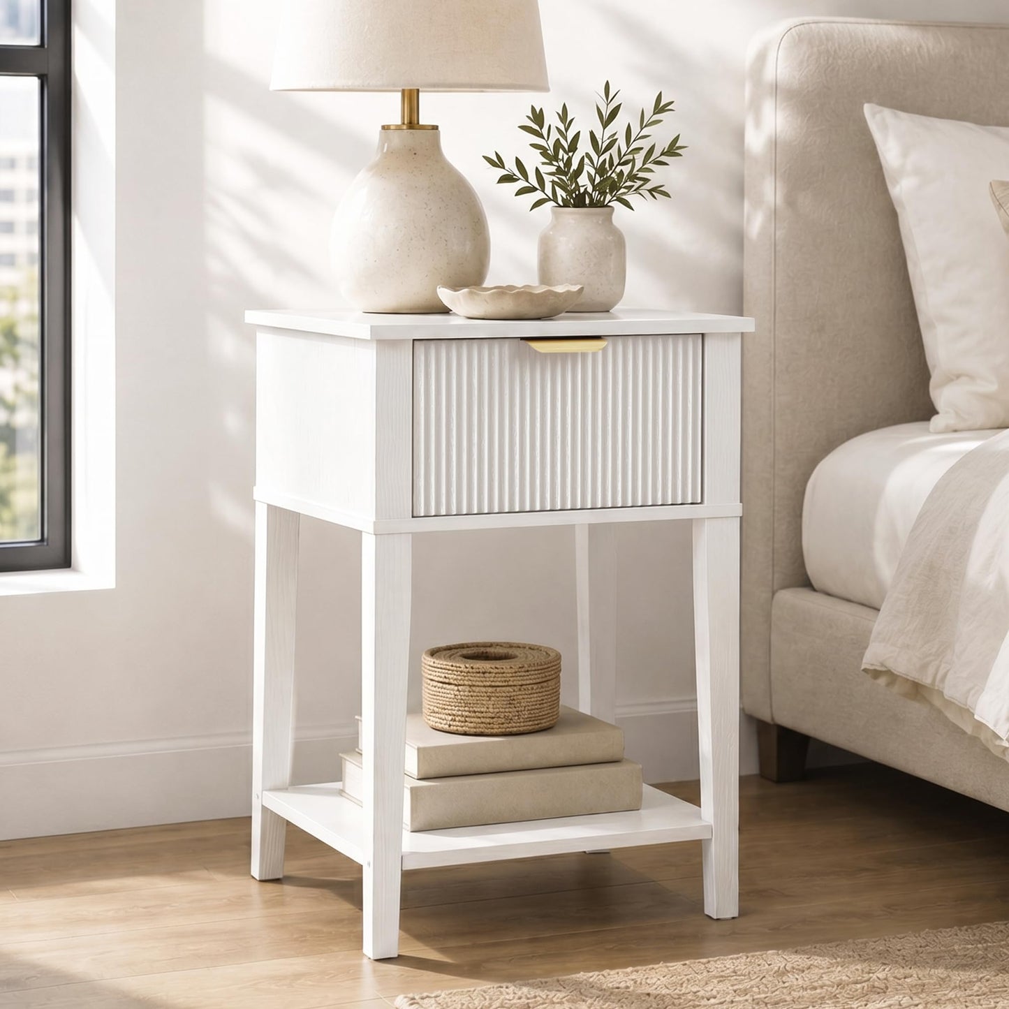 RIHHA Modern Fluted Small Wood Nightstand, 11.8" Deep x 15.4" Narrow Bedside Table with Drawer & Open Shelf, Farmhouse Chic Accent Side Table for Bedroom & Sofa - White
