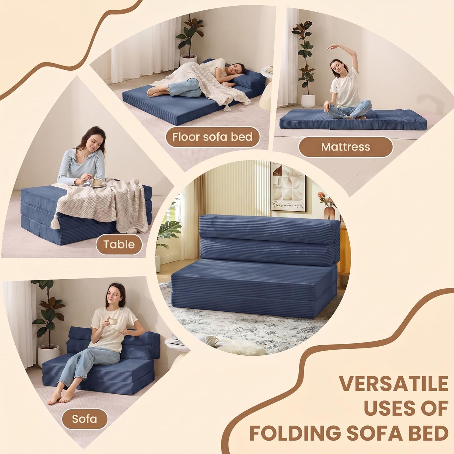 JUIKURY Folding Sofa Bed, Convertible Sleeper Chair with Pilow Foldable Matress, 2 in 1 Pull Out Loveseat Sofa Portable Fold Out Chair Bed Floor Couch Lounge for Living Room (Blue, Full)