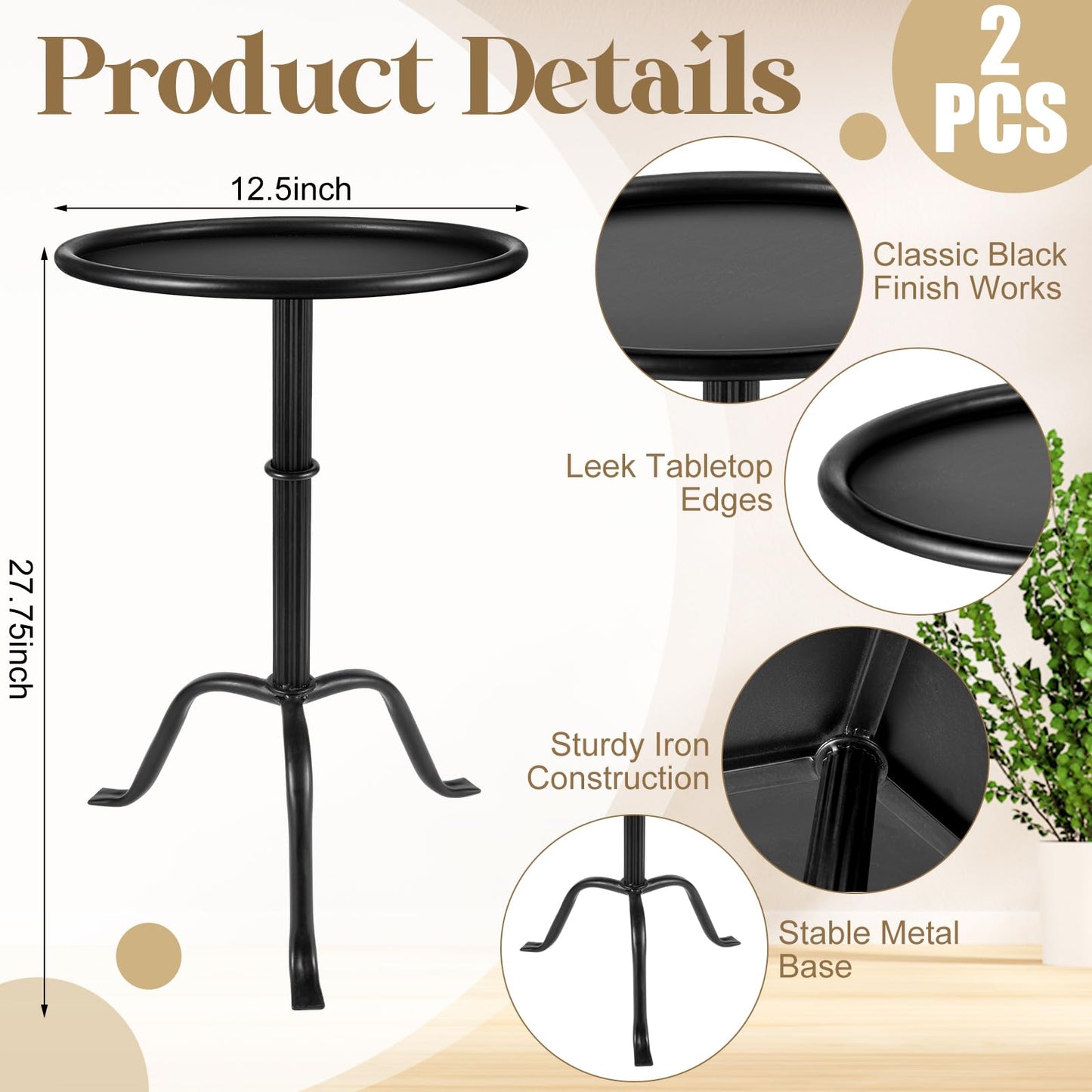 RattanView 2 Pcs Metal Martini Table Black Small Round Drink Table12.5 x 12.5 x 27.75 Inches Pedestal Iron Side Tables for Small Spaces Living Bedroom Room