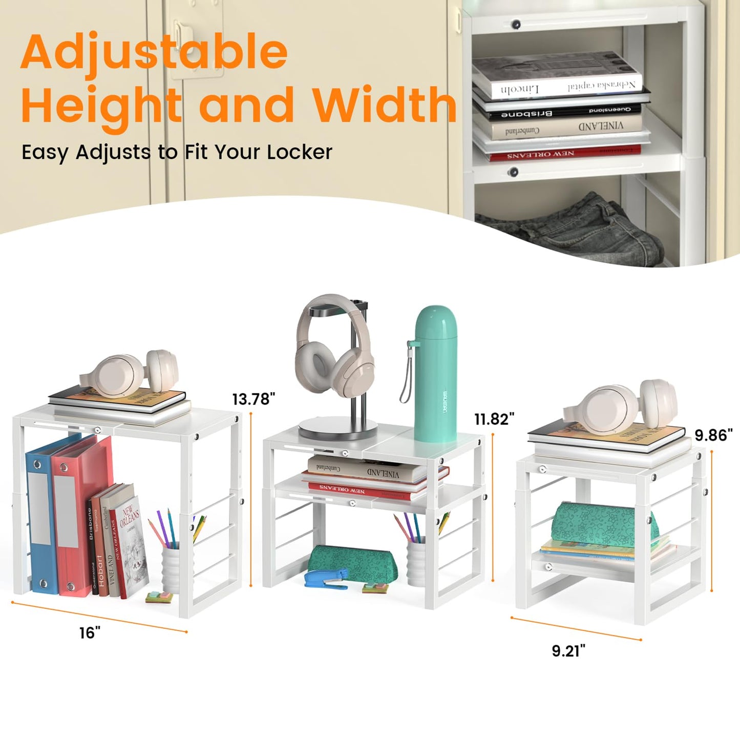 LIDTOP Locker Organizer Shelf White, Metal Adjustable Width and Height, Ideal Locker for School, Office, and Gym Lockers, Extends Locker Storage Organization