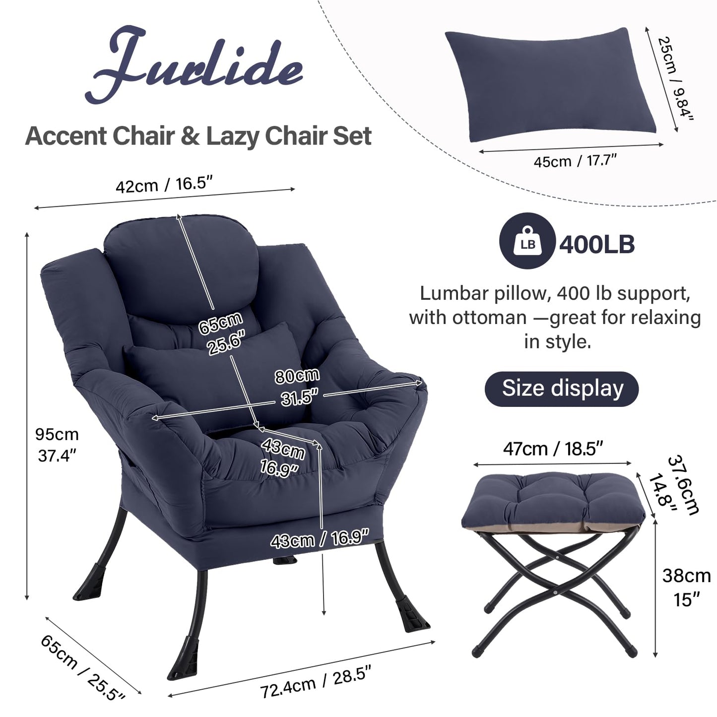 Furlide Lazy Chair with Ottoman, Modern Lounge Chair with Lumbar Pillow, Accent Cozy Reading Armchair and Folding Footstool for Bedroom, Dorm, Living Room,Navy