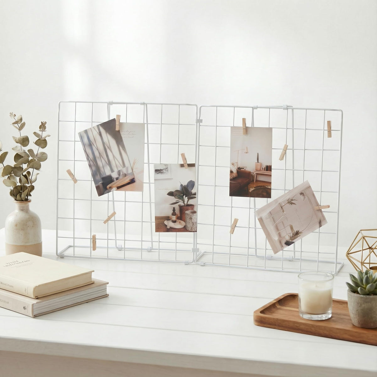 JAJAGOU Foldable Desktop Photo Display Rack & Grid Display Board with 20 Wooden Clips – Photo, Accessory & Handcraft Display Organizer for Home Office White