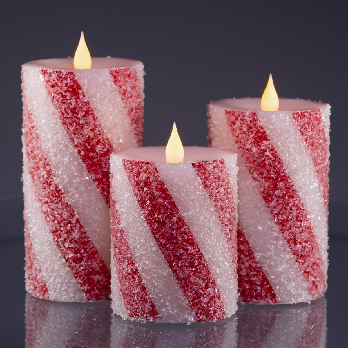 3 Pcs Christmas Candy Cane Stripe Flameless Candles, Real Wax Red &White Glitter Striped LED Pillar Candles with Battery Operated Flickering Flame for Xmas Party, Wedding, Home Decoration D3 x H4"5"6"