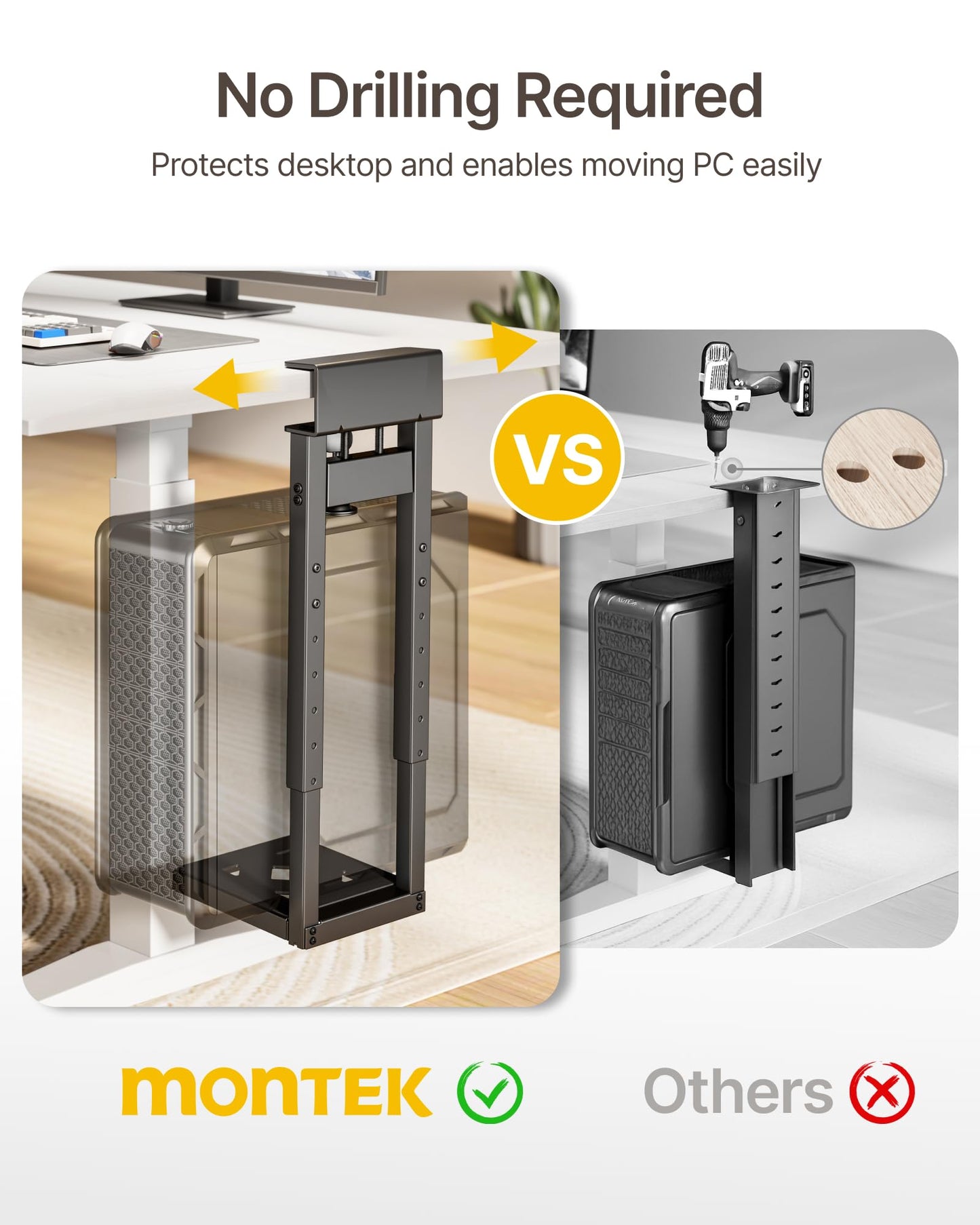 monTEK No Drill Under Desk PC Mount, Clamp-On Heavy Duty CPU Holder with Ventilated Cooling Design for Standing Desk & Home Office, Fits Most PC Cases 16.1"-25.6" (H), 66 lbs, Black