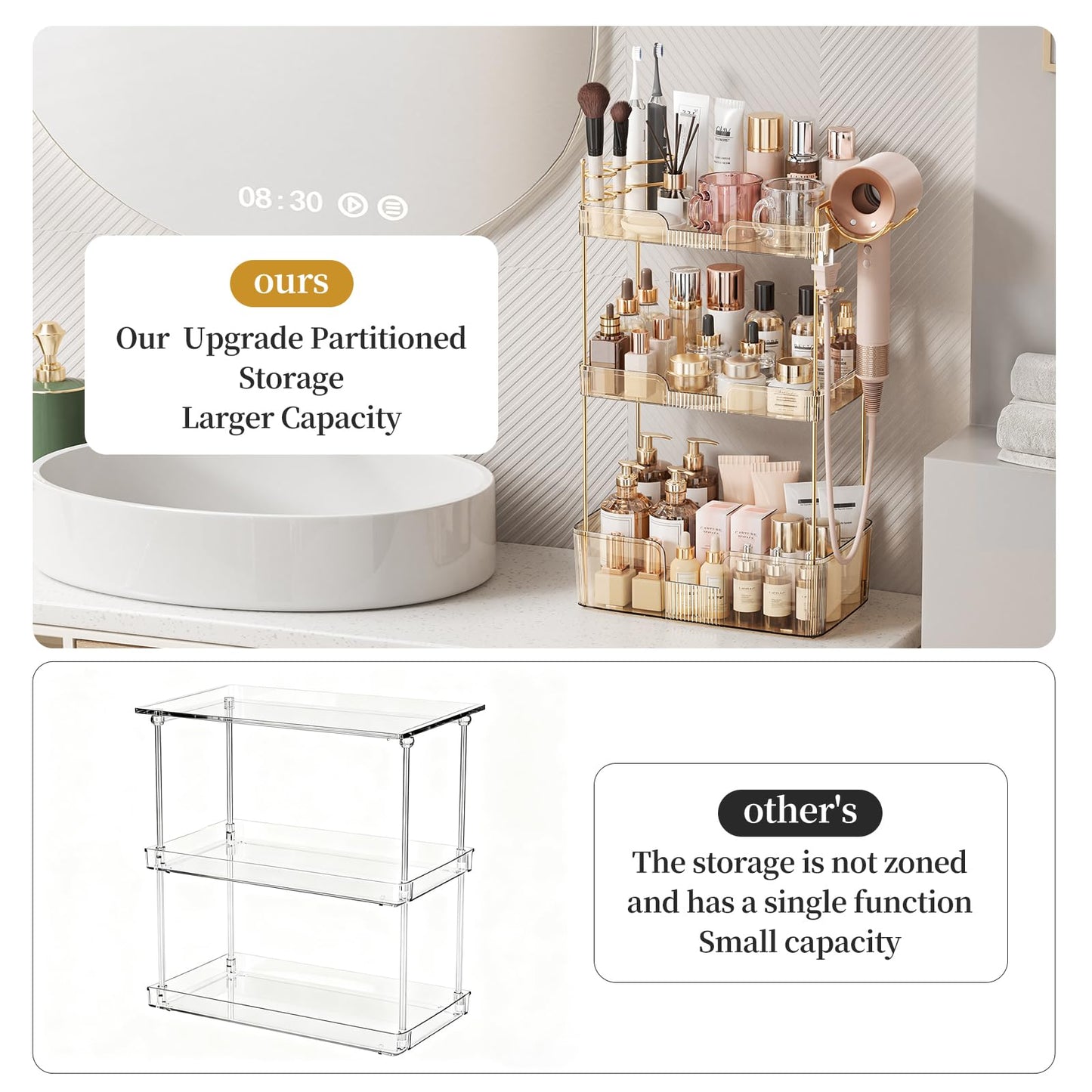 Weidace Bathroom Counter Organizer for Vanity, Makeup Organizer Countertop with Holder, Large Capacity Storage Rack, Perfect Large Skincare, Hair Care, Perfume, Easy to Install (Gold, 3Tiers)