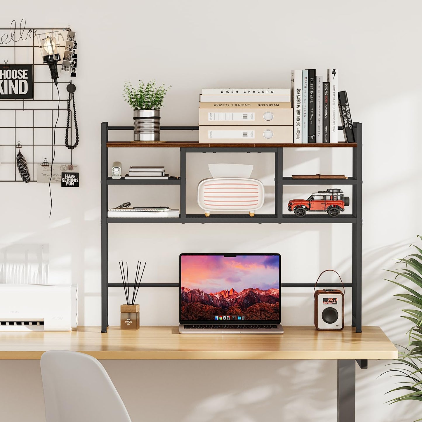 Snughome Desk Shelf, 38.6" Desktop Bookshelf, Desk Hutch Dorm, Countertop Storage Hutch with 5 Shelves for Computer Desk, Multipurpose Wood Desktop Display Organizer Rack for Home Office Dorm
