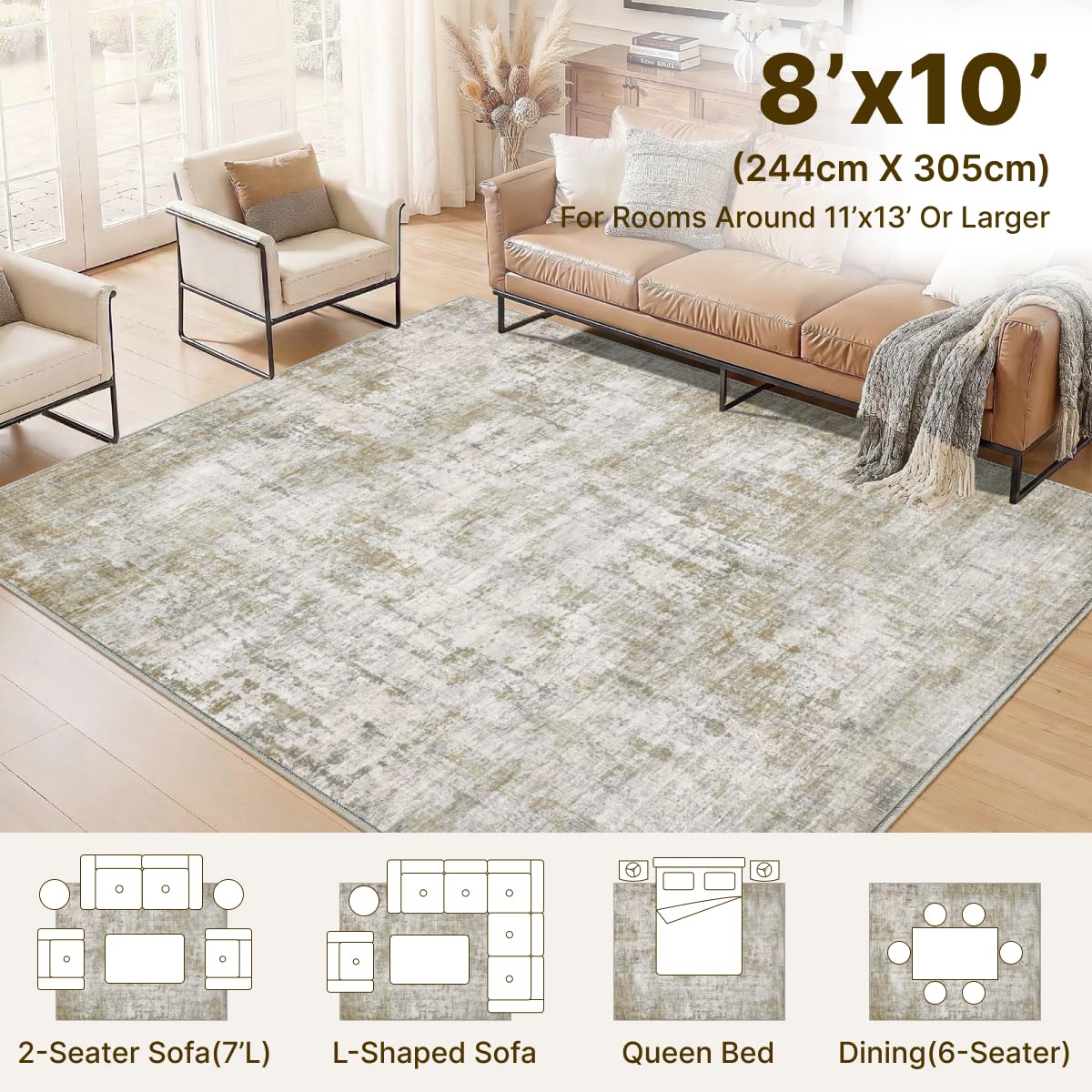 Syrlfar 8x10 Area Rugs Washable Living Room Rug-No Slip Soft Carpets Modern Abstract Indoor Floor Stain Resistant Large Carpet for Bedroom Dining Room Farmhouse Nursery Home Office Tan