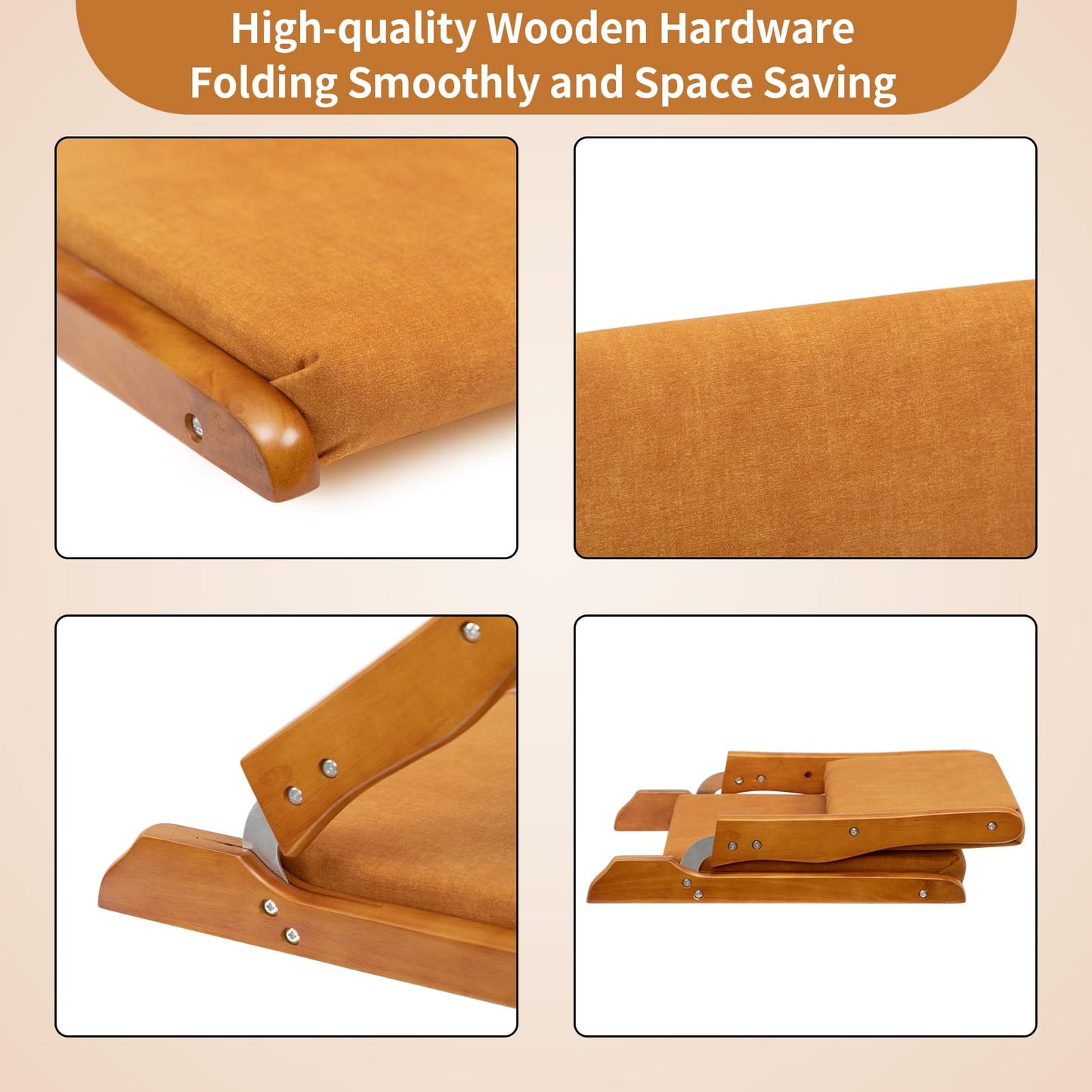 HollyHOME Foldable Japanese Style Floor Chair with Back Support, Tatami Chair with Cushion, Meditation Seat for Bay Window, Living Room, Bedroom, Pumpkin Color