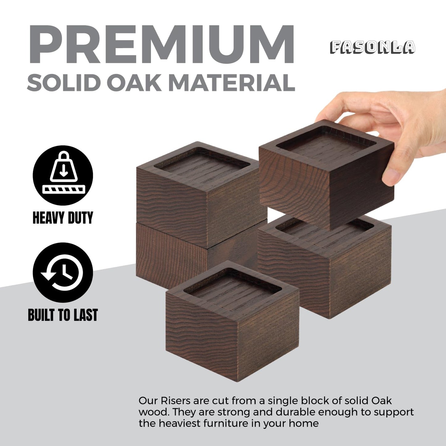 FASONLA Bed Risers (Set of 8) Furniture Risers Lifts Height 2", Oak Solid Wooden Risers for Bed, Furniture, Table, Sofa, Chair Risers with Non-Slip Recessed Hole (8pcs-2" Hight-Walnut Color)
