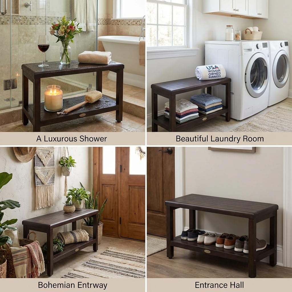 DecoTeak Eleganto 30 Inch Brown Waterproof Teak Wood Shower Bench Stool Seat Chair for Inside Shower Storage Shelf Provides Safety, Storage, and Organization for Bathroom Accessories