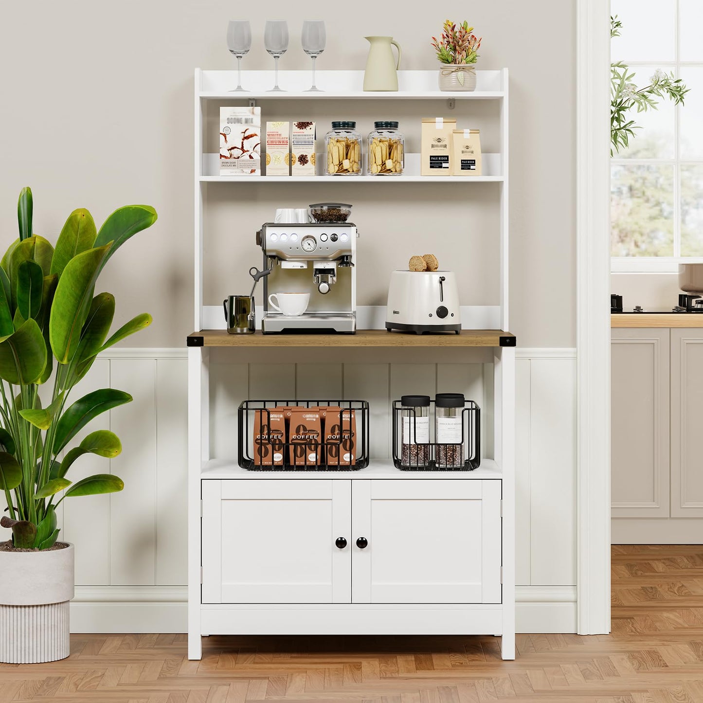 Lomojo Microwave Stand Bakers Rack Cabinet, Freestanding 5-Tier Kitchen Shelves, Farmhouse Floor Hutch Door Thickened Counter,Utility Storage Shelf, Coffee Bar(White and Brown)