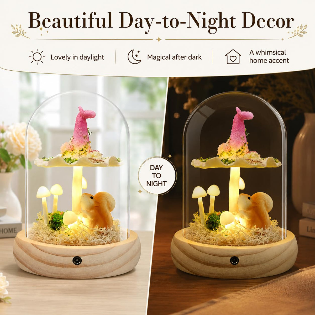 QUELIEN Mushroom Lamp in Glass Dome,Mushroom Gifts for Women - Warm LED Night Light for Bedroom Decor,Birthday Party Decorations,Ideal Birthday Gift Valentines Gift
