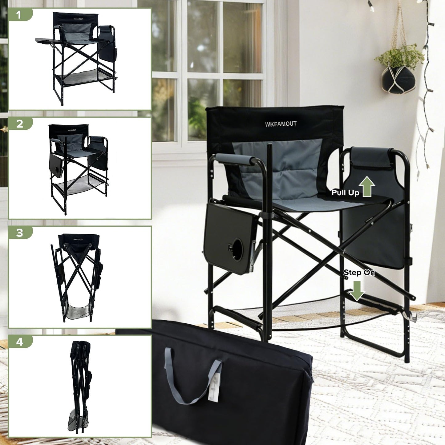 WKFAMOUT 27" Tall Camping Director Chair Oversized with Side Table, Heavy Duty Folding Lawn Chair Outdoor for Makeup Artist, Sports Event, Supports 330LBS