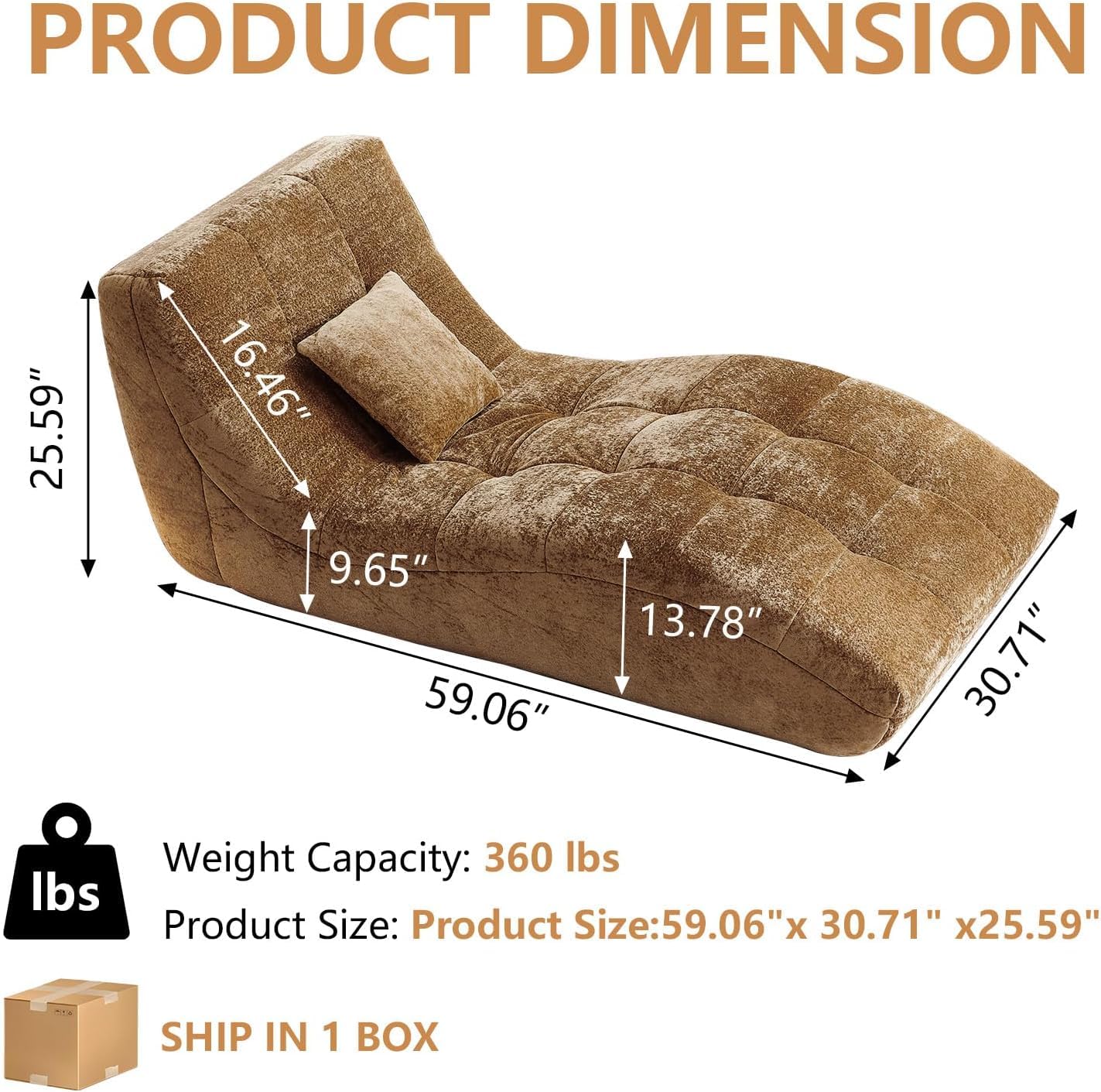 Huadeo Chaise Lounge Chair with Curved Back, Modern Upholstered Recliner Sofa, Tufted Accent Lounger Comfortable Lazy Chair for Bedroom, Apartment (Camel)