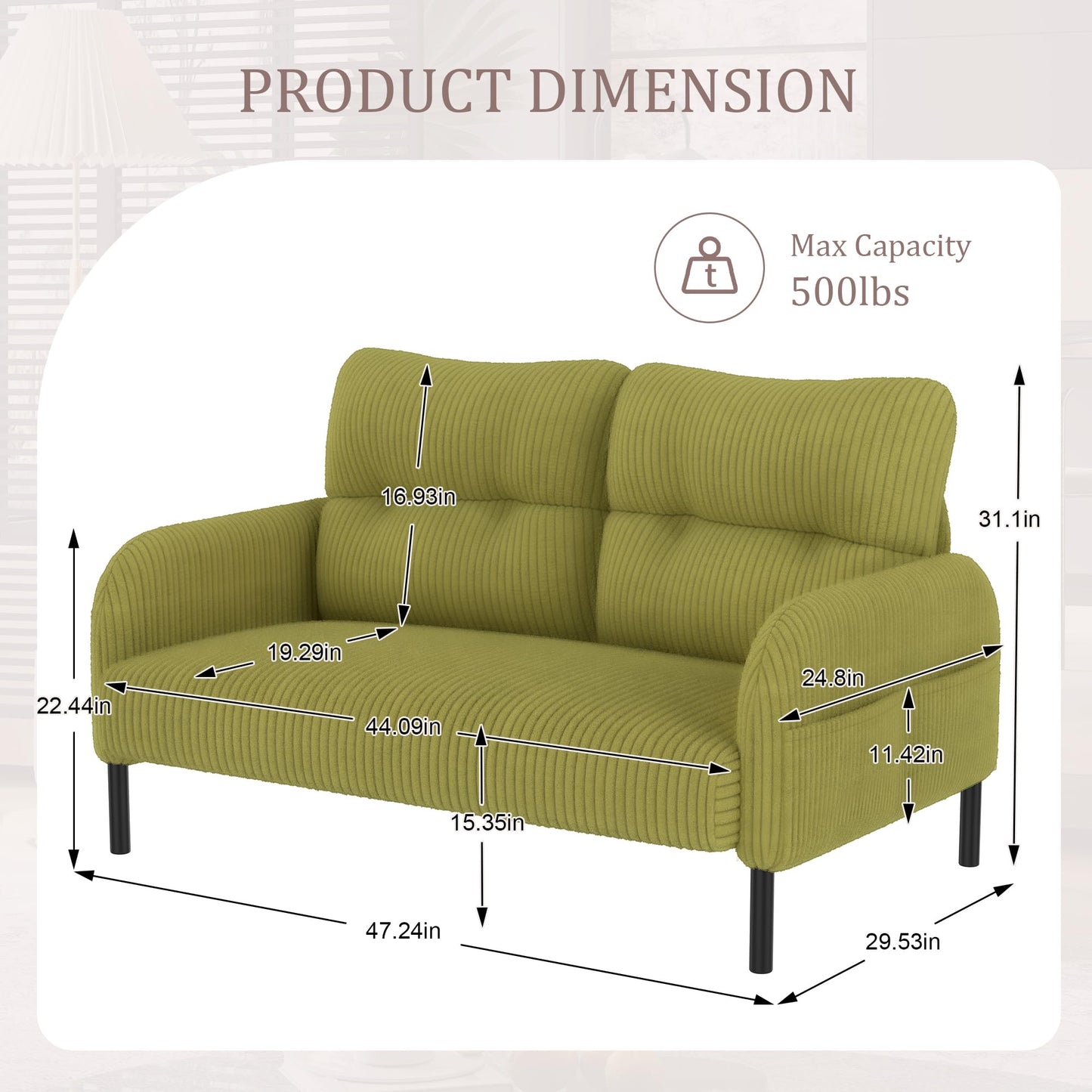KEIKI 47" Corduroy Loveseat Sofa with Double Side Pockets & High Resilience Cushion, Modern Style Ergonomic Design Upholstery Oversized 2-Seater Couch, Easy Assembly, for Living Room, Olive Green