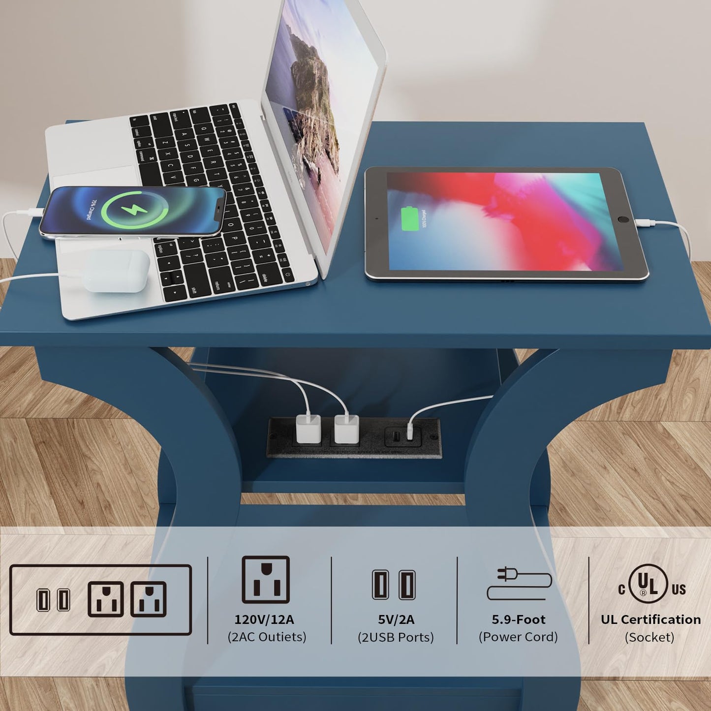 FROMJBEST End Tables Living Room, End Table end Table with Charging Station and USB,Navy Blue Side Table, Nightstand for Bedroom,3 Tier End Table with Storage Shelf for Living Room