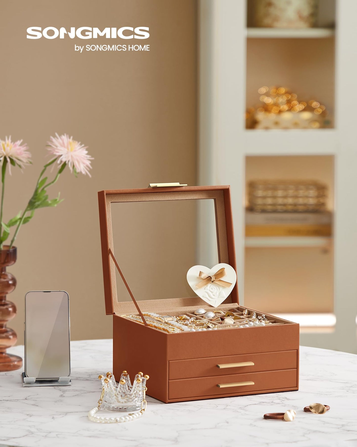 SONGMICS GISELLA Collection - Jewelry Box Organizer, 3-Layer Jewelry Storage with 2 Drawers, Shiny Metal Hardware, Glass Lid, Modern, 8 x 9.1 x 5.3 Inches, Caramel Brown and Gold UJBC239K01