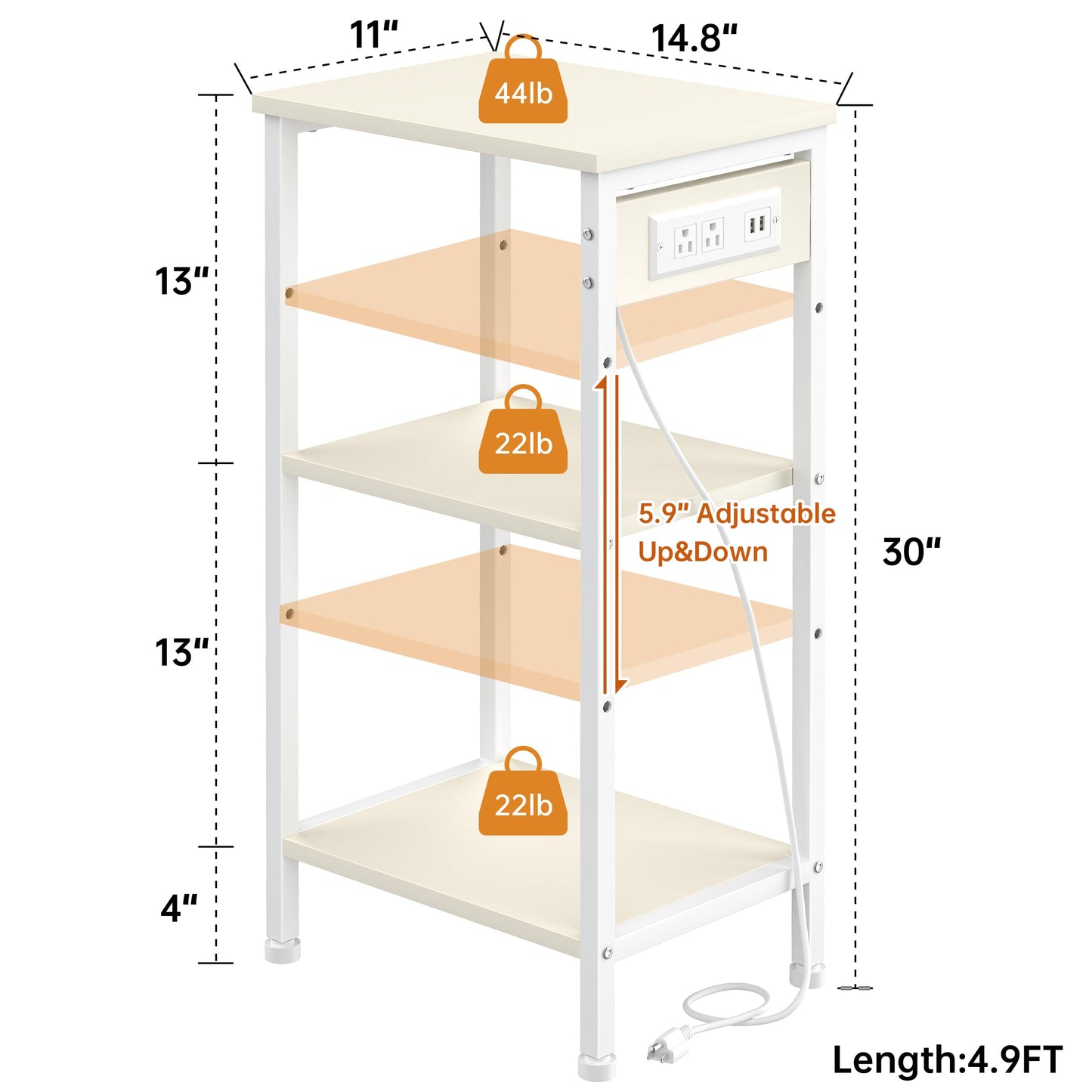 Asgolion Tall End Table with Charging Station, 3 Tier Narrow Tall Nightstand with Storage, Slim Side Table for Bedroom, Living Room, Nursery, Office, Cream White