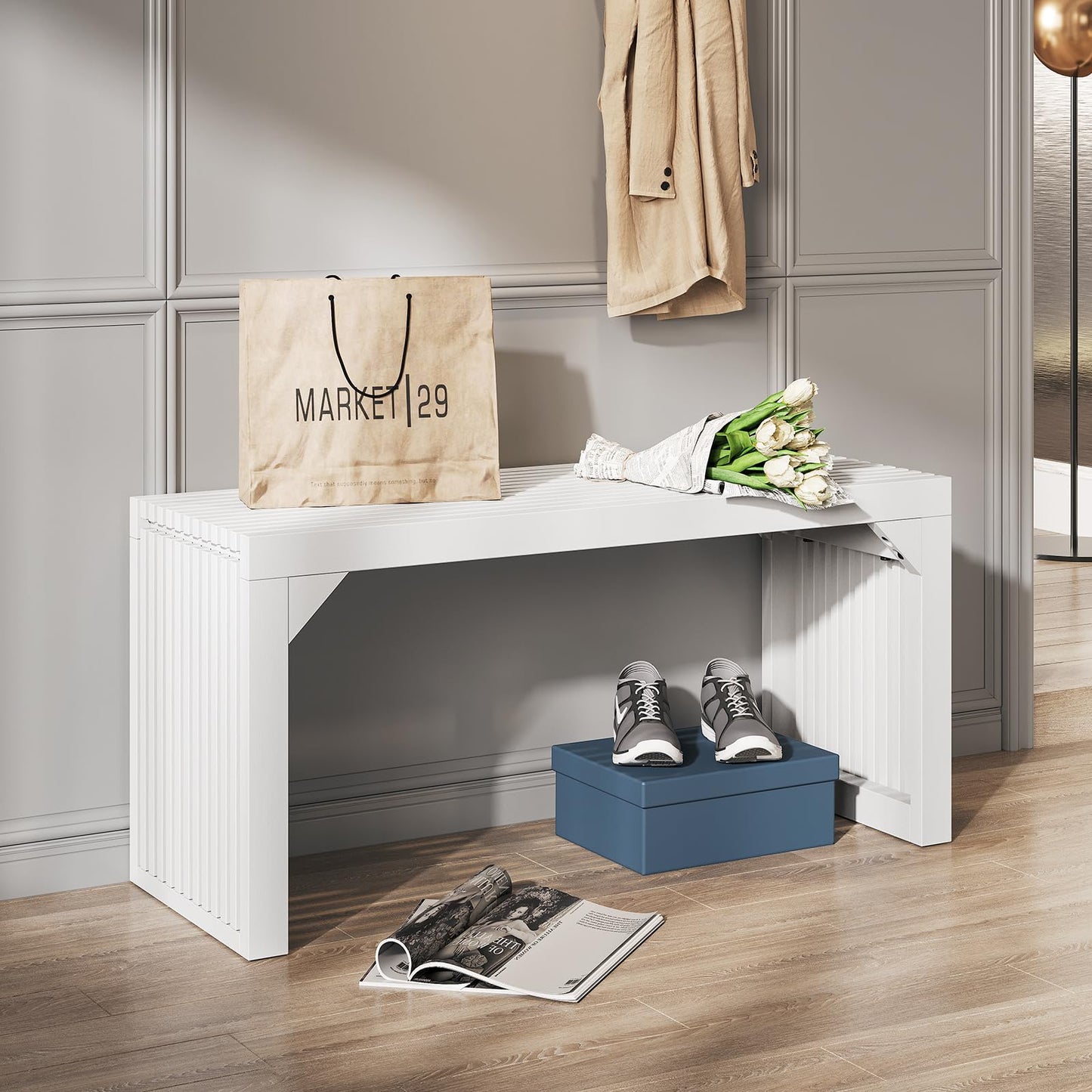 MODCART 35" Solid Wood Bench, White Entryway Bench with Storage, Modern Shoe Bench, Narrow Bench for Entryway, Living Room, Kitchen