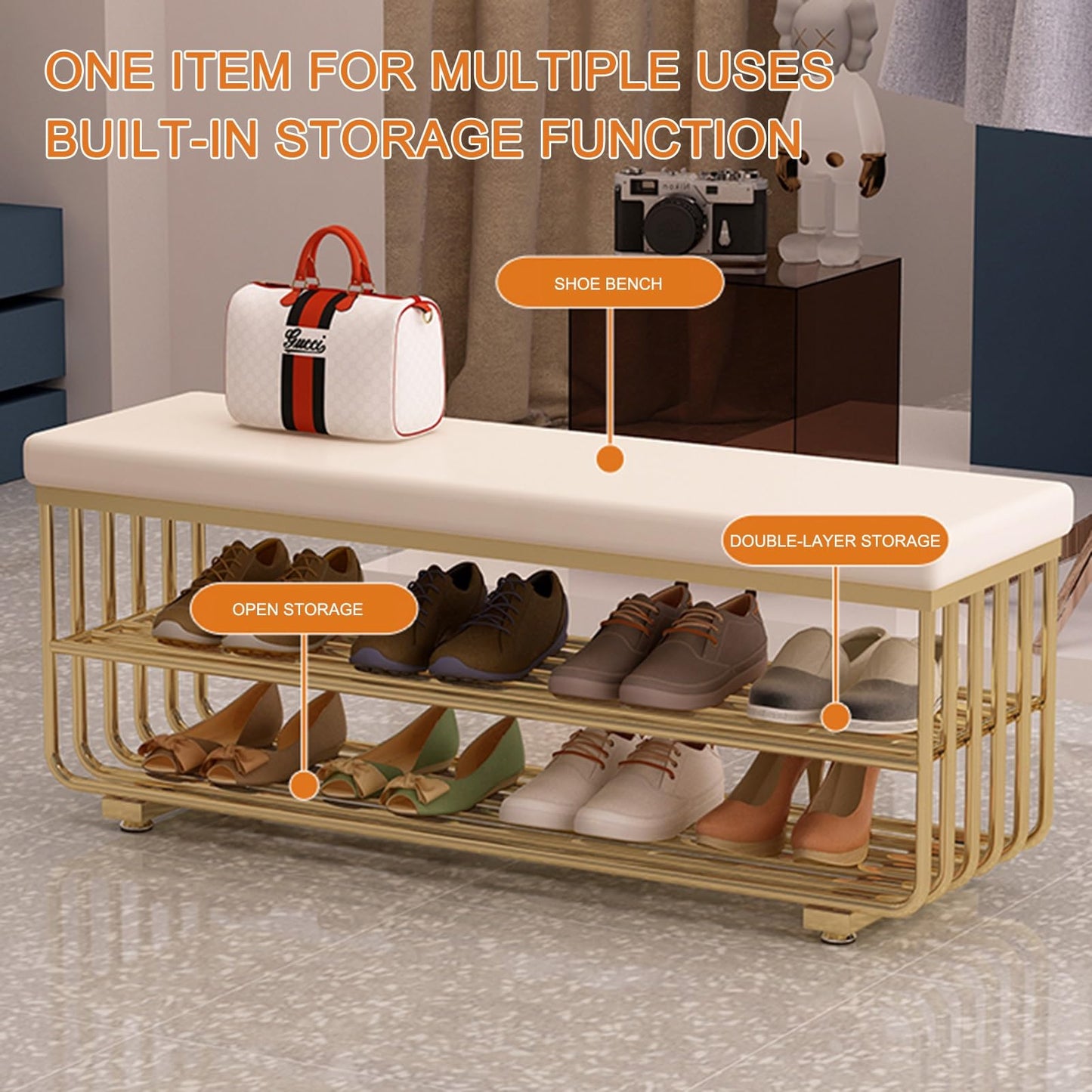 HARELA Shoe Bench with Cushioned Seat, PU Faux Leather Bench with Metal Base, Entryway Shoe Bench with Storage, Elegant Footstool for Entrance Living Room Cloakroom(Gold C,60cm/23.6in)