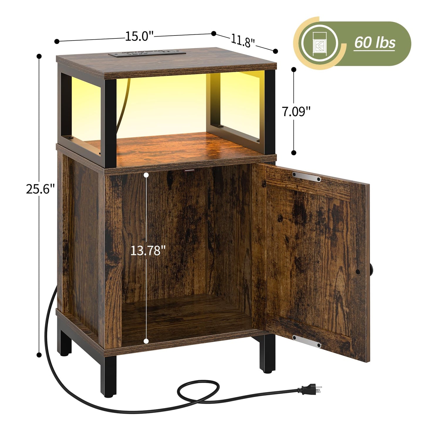 Yoobure Farmhouse NightStand with Charging Station，Wood Night Stand End Table with USB Ports, LED Bed Side Table with Storage Cabinet，Bedside Table for Bedroom, Living Room Rustic Brown