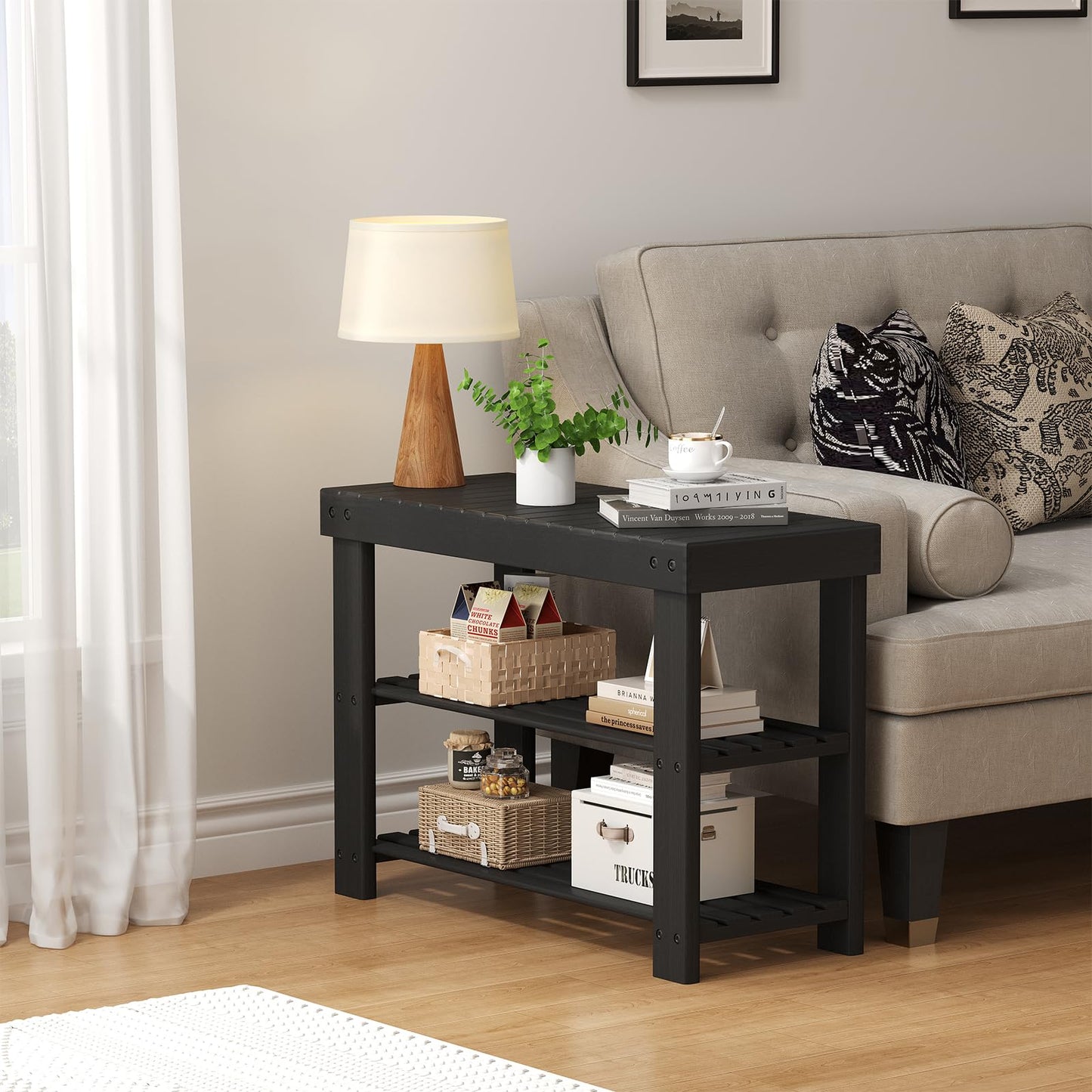 Sweetcrispy 3-Tier Shoe Rack Bench for Entryway, 286lb Capacity, Black