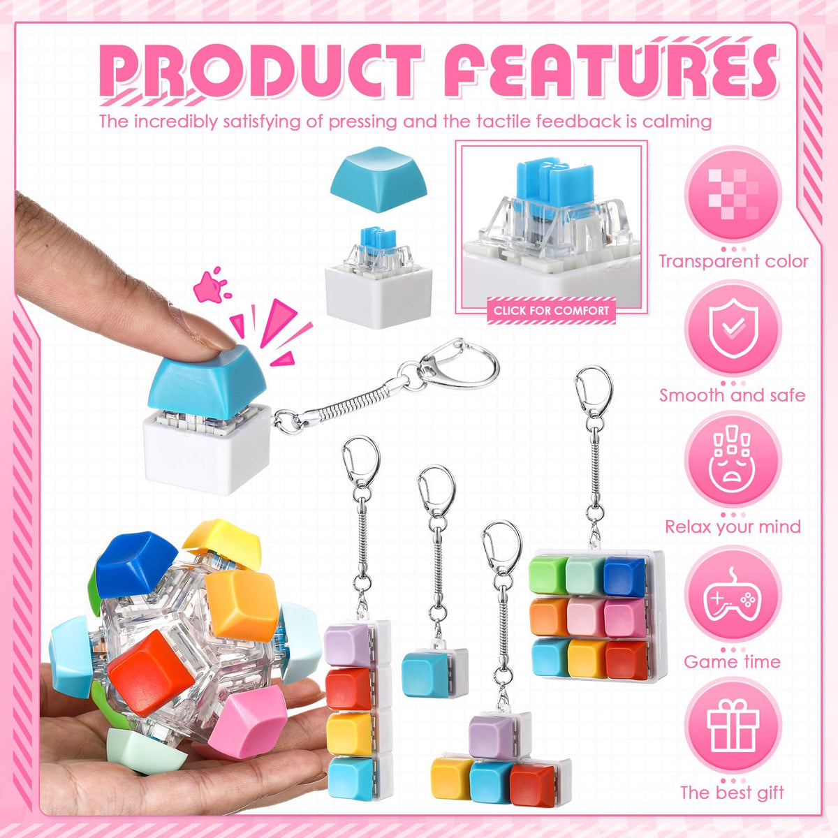 Halloscume 5 Pcs Keyboard Adult Fidget Clicker in 5 Styles Keyboard Fidget Keychain Cube Mechanical Key Button Clicker Stress Relief Gift for Office Home Pass Time(Candy Colors)