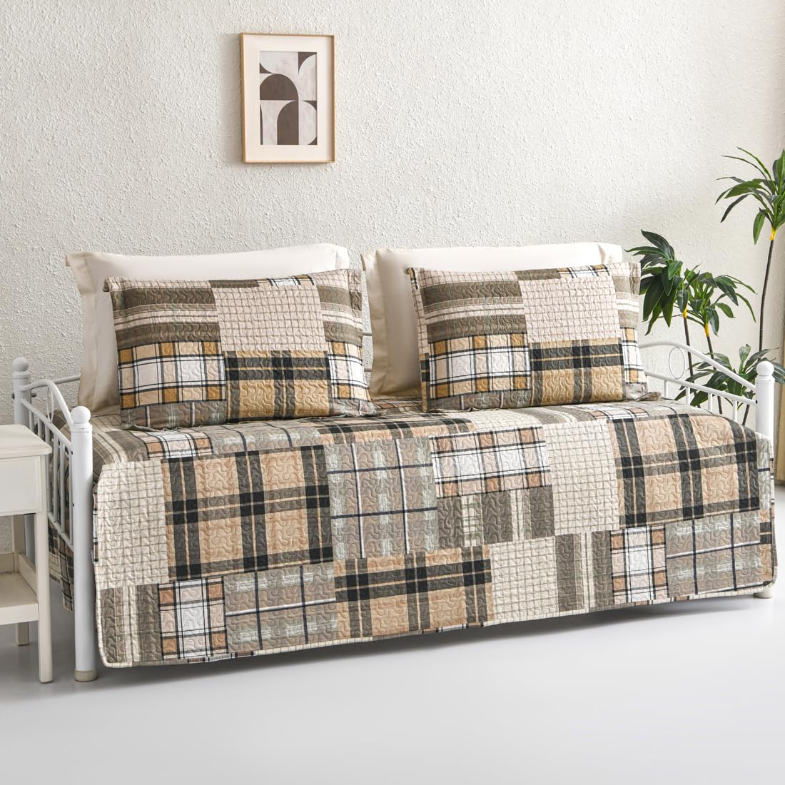 Jarson 3 Pcs Plaid Daybed Cover Set Twin Size Brown Beige Sofa Cover Double Side Bed Set Classic Patchwork Bedding Sets Daybed Quilt Set with Pillow Shams