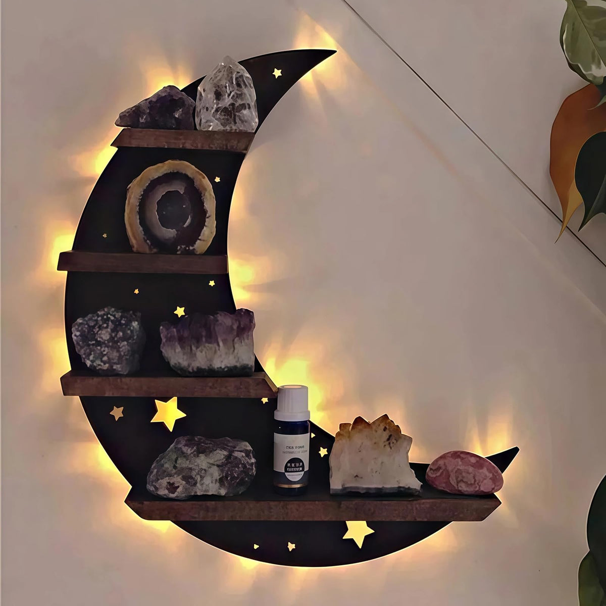 HBSGS Crystal Display Shelf with LED Light, Crescent Moon Wall Shelf for Crystals, Gothic Witchy Room Decor, Wooden Shelf for Essential Oils, Trinkets & Gifts(Moon-38.5 * 36.5cm/15 * 14.4inch)