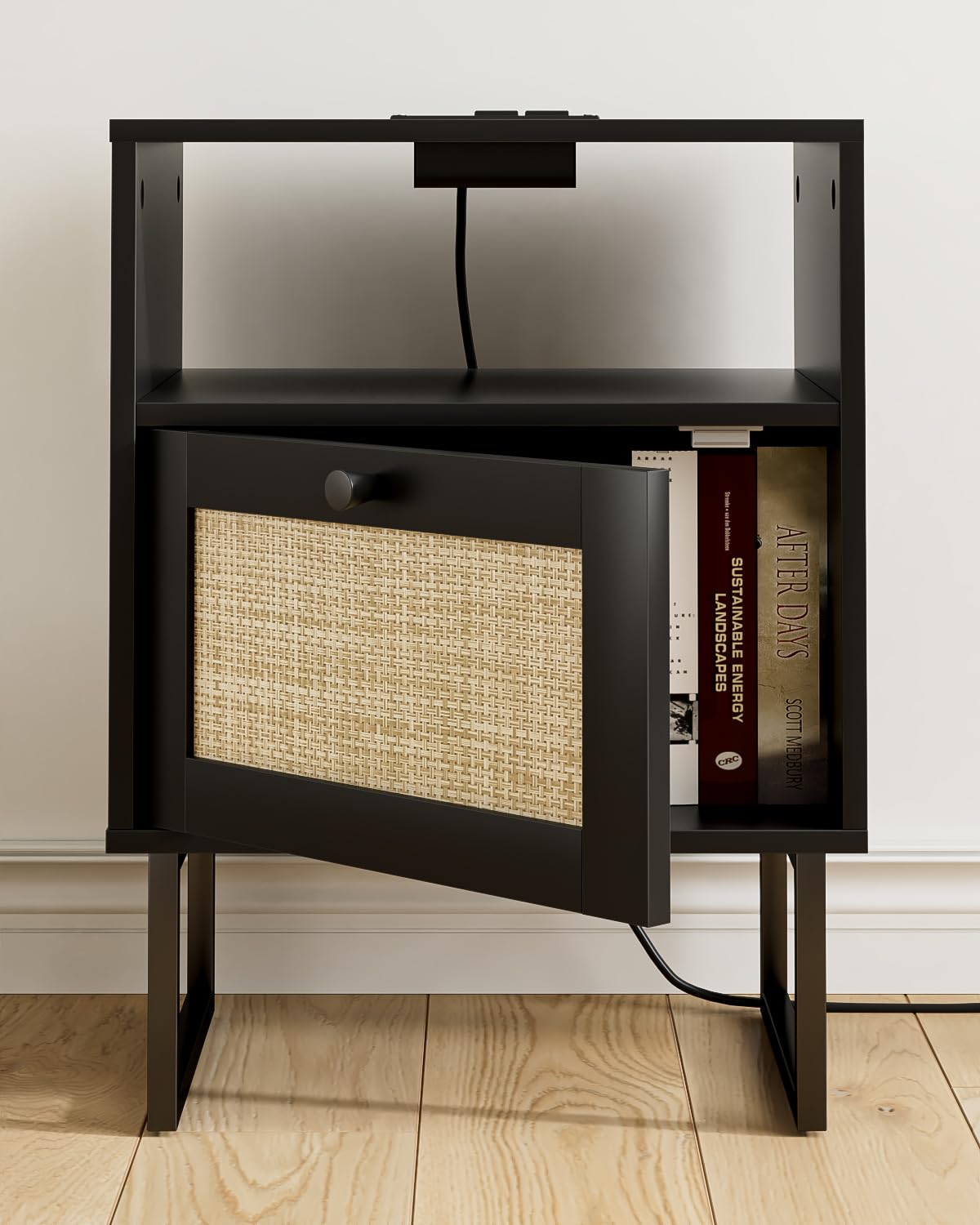 Apetaccat Rattan Nightstand with Charging Station, Boho Night Stand Farmhouse Wood Bedside Table with Storage and Open Shelf, End Side Accent Table for Bedroom,Living Room,Black