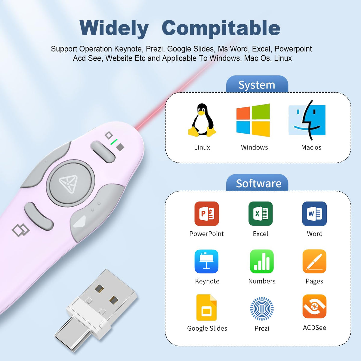 QUI 2 Pack Wireless Presenter PowerPoint Clicker, RF 2.4GHz USB Presentation Clicker for Google Slides, Keynote, Mac, Windows (USB Type-c, Purple)