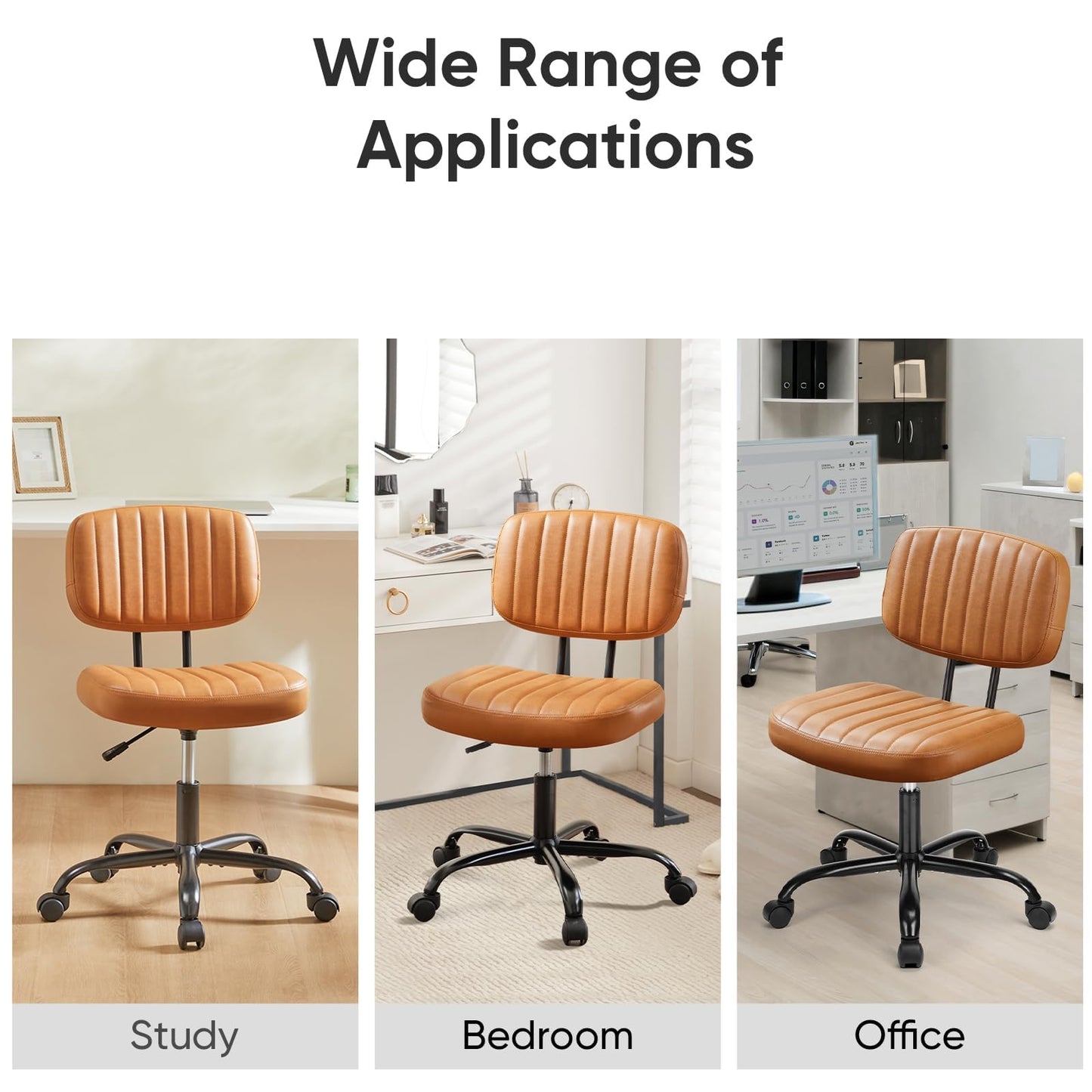 DUMOS Armless Small Home Office Desk Chair - Vanity Task Chair with Low Back, Height Adjustable PU Leather Swivel with 360° Rolling Wheels, Vanity, Bedroom, Deep Brown