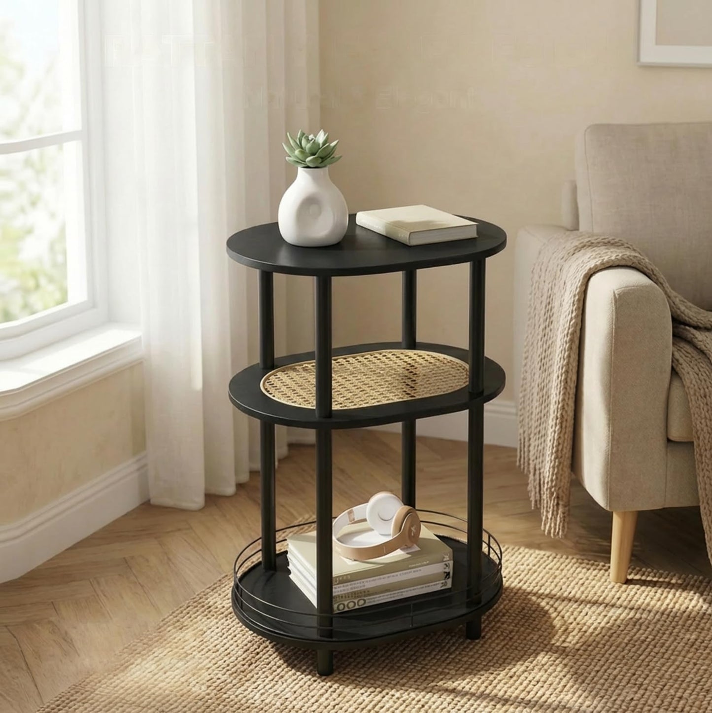 Small Rattan Side/Accent Table with Storage, 3 Tier Round/Oval End Table with Rattan Shelf & Metal Basket, Boho Nightstand, Tool Free Assembly/Screw-Hole Free Tabletop-Living Room Bedroom-Black