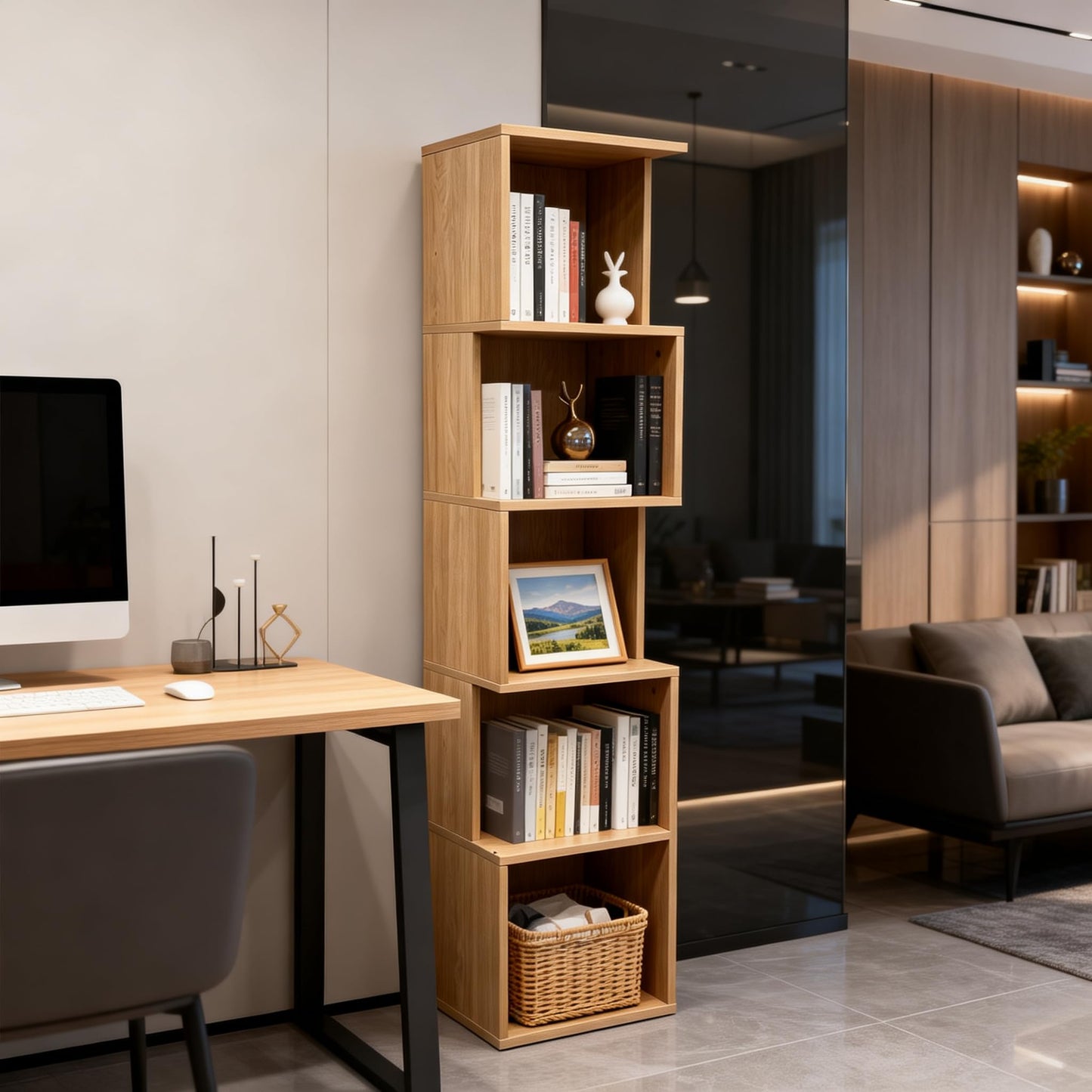 Enjoy Smart 5 Cube Bookshelf, Freestanding 5 Tier Open Display Shelf, Rustic Oak Texture Cube Storage Organizer with Eco-Friendly Melamine Surface for Home Office Bedroom Living Room Study, Oak