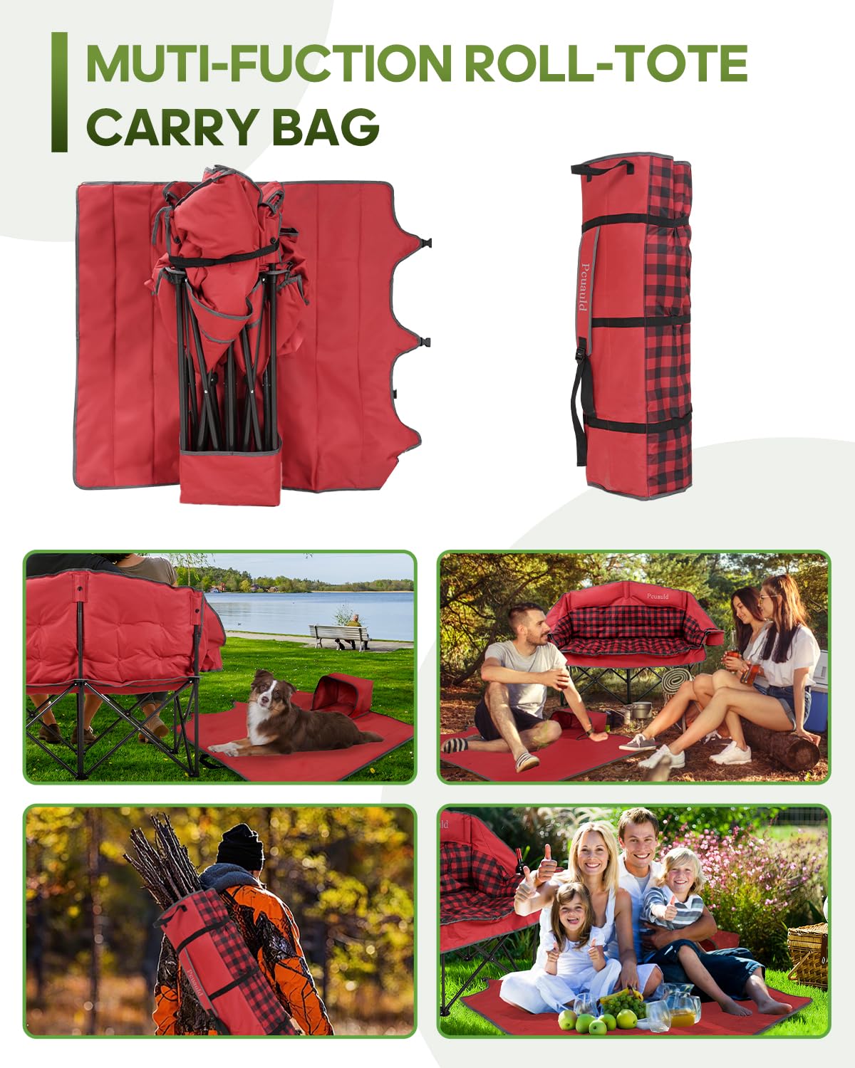 Pcuauld Double Camping Chair Padded Loveseat Camp Couch for Adults, Oversized 2 Person Love Seat with 2 in 1 Carry Bag, Heavy Duty Folding Outdoor Sofa with Cup Holders for Lawn Beach Tailgating, Red