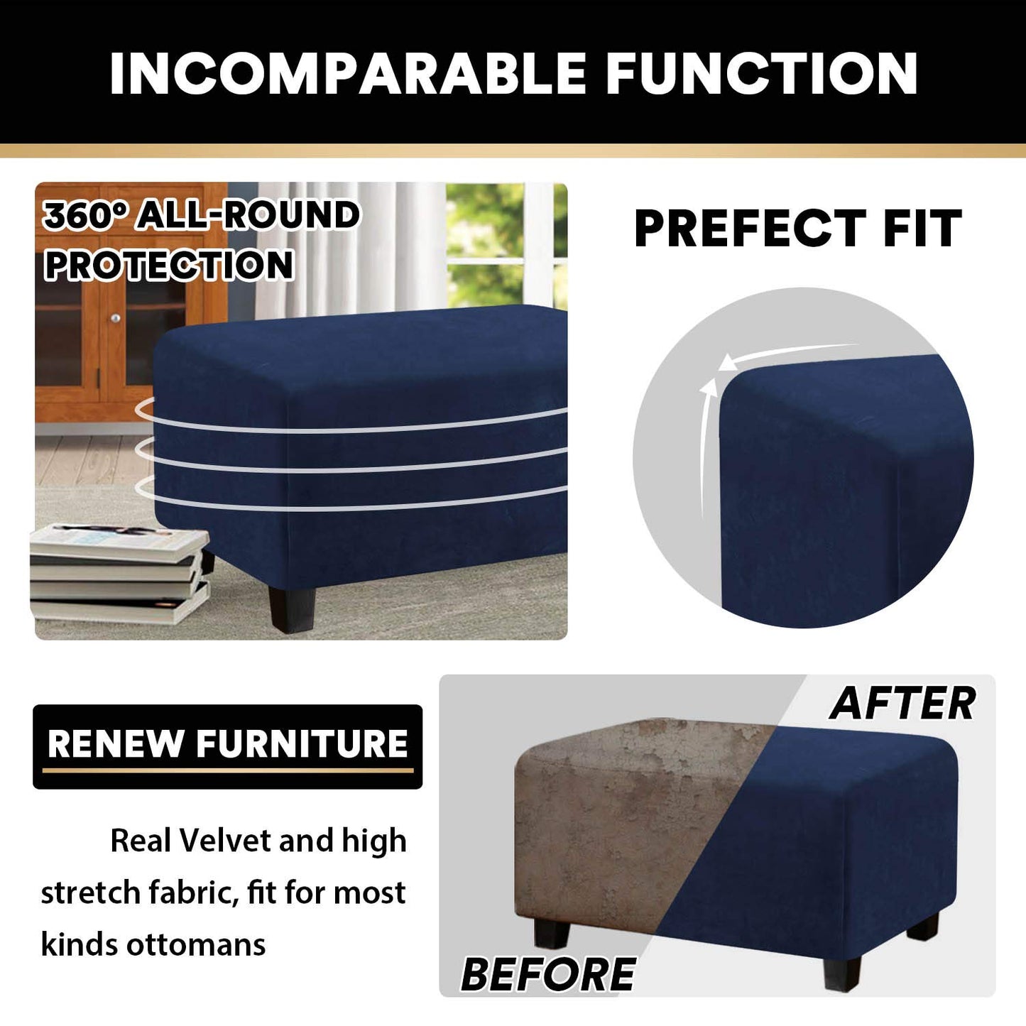 PrinceDeco Real Velvet Plush Ottoman Cover Soft Rectangle Folding Storage Covers Furniture Protector Removable Footstool Protect Footrest Covers Elastic Bottom(Large, Navy)