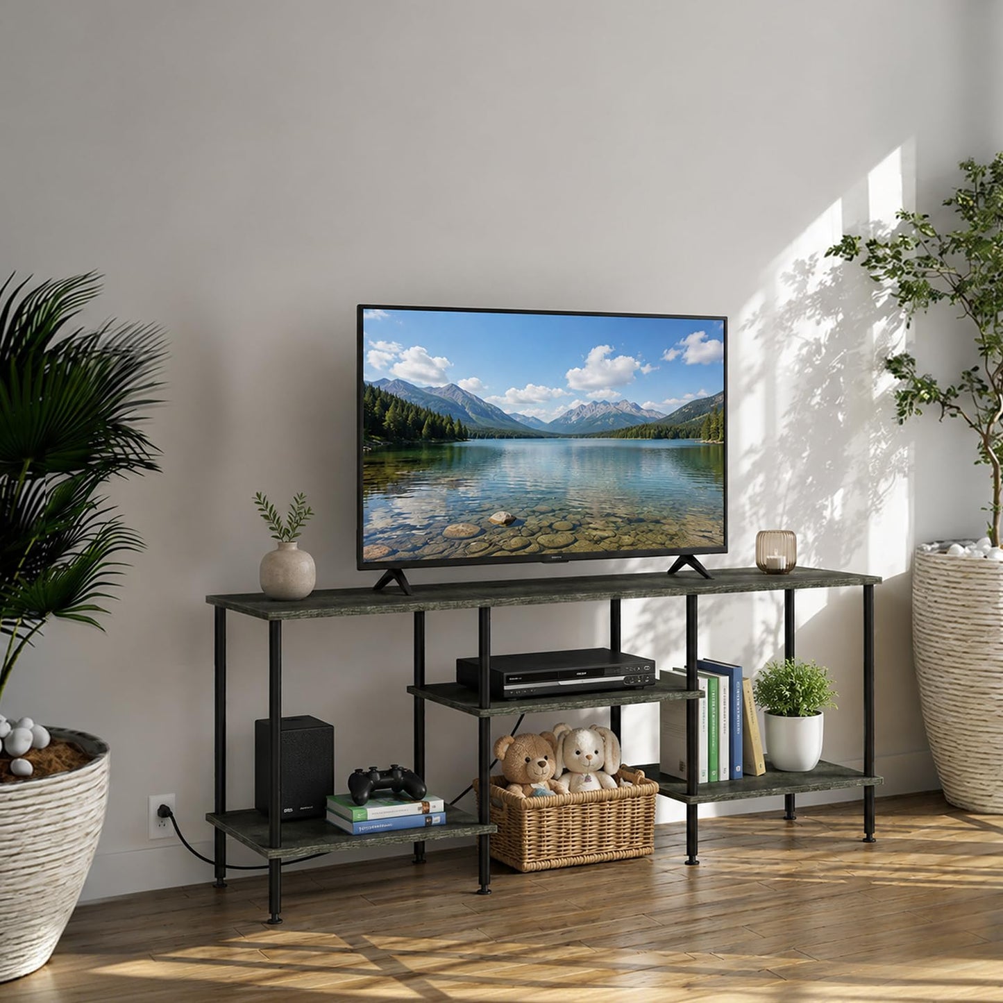 YAHKBTEN TV Stand for Bedroom up to 50 Inch Rustic TV Stands with Power Outlets Small Entertainment Center with Storage 3 Tier TV Media Console Table Cabinet for Living Room Bedroom Office, Dark Grey