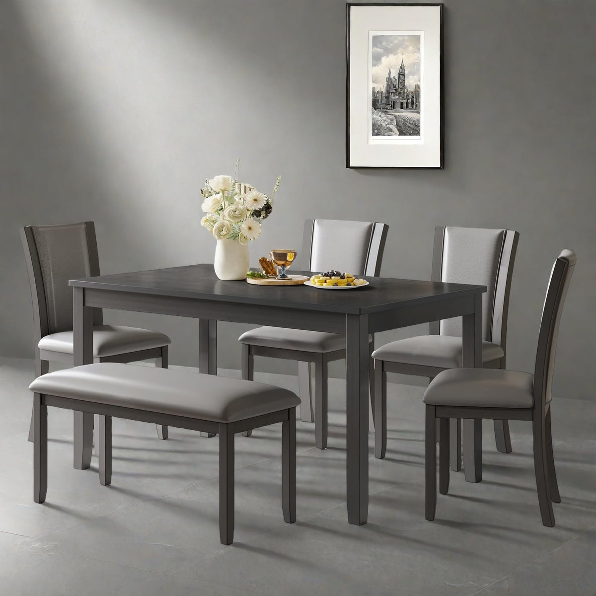 Trygoal Dining Table Set for 6, Farmhouse 6 Piece Dining Room Table Set with Rectangular Table, 4 Upholstered Backrest Chairs and Bench, Counter Height Kitchen Sets with Warm Woodgrain Finish, Gray