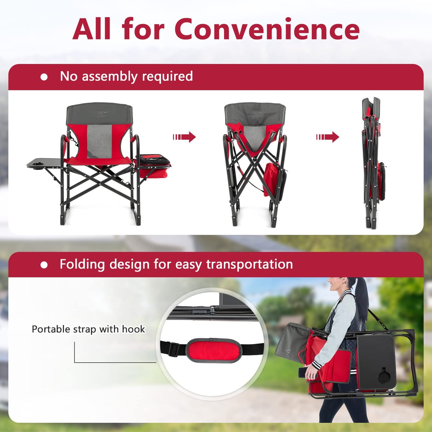 COSTWAY 2-Pack Folding Camping Chair, Heavy-Duty Director Chair Supports 400lbs for Adults with Side Table, Cooler Bag, Storage, Strap, Portable Makeup Chair Set of 2 for Fishing Picnic, Red