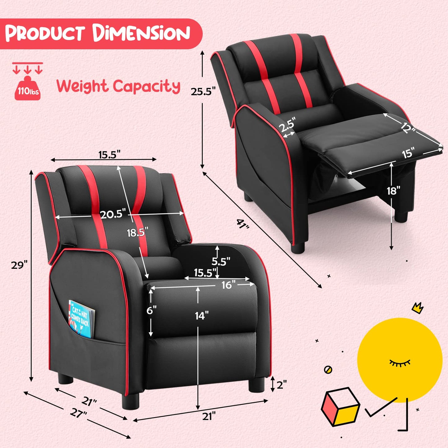 Costzon Kids Recliner, Gaming Recliner Chair w/Side Pockets, Footrest, Headrest & Lumbar Support for Kids Room & Play Room, Adjustable Racing Style Leather Sofa for Children Boys Girls (Red, Black)