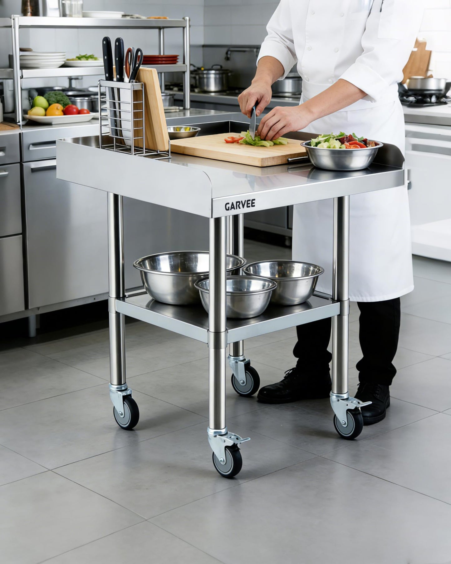 Stainless Steel Work Table 24x24 Inch with Wheels & 3-Sided Backsplash, Heavy Duty Commercial Prep Table, Adjustable Shelves, 4 Casters (2 Locking) for Kitchen, Restaurant, Home, Hotel