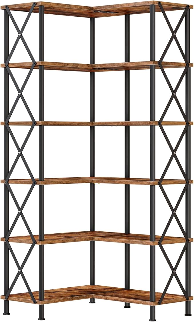 HOOBRO Corner Bookshelf, 6-Tier L-Shaped Bookcase, Industrial Open Display