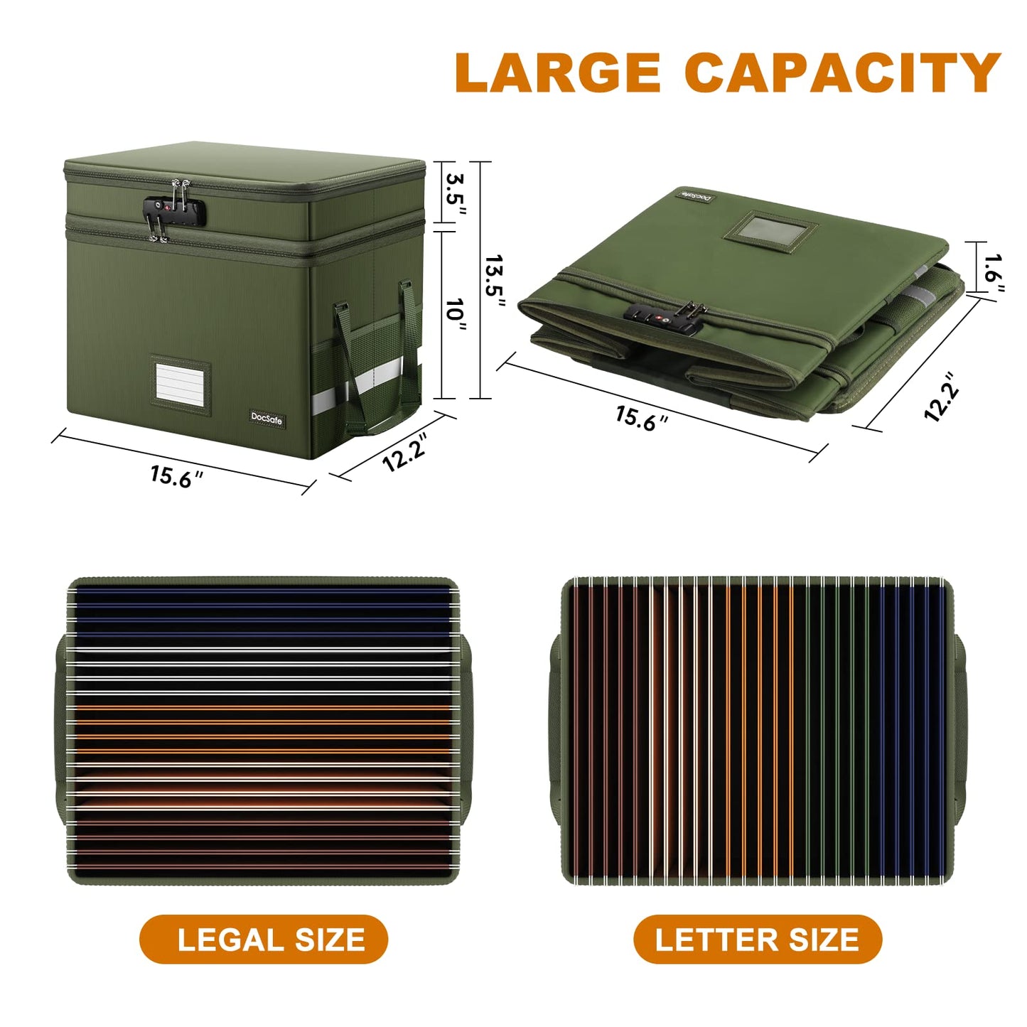 DocSafe File Box with Lock,Multi-Layer Fireproof Document Box Collapsible File Storage Organizer with Pockets/Handle,Portable Home Office Filing Cabinet for Hanging Letter/Legal Size Folders,Green