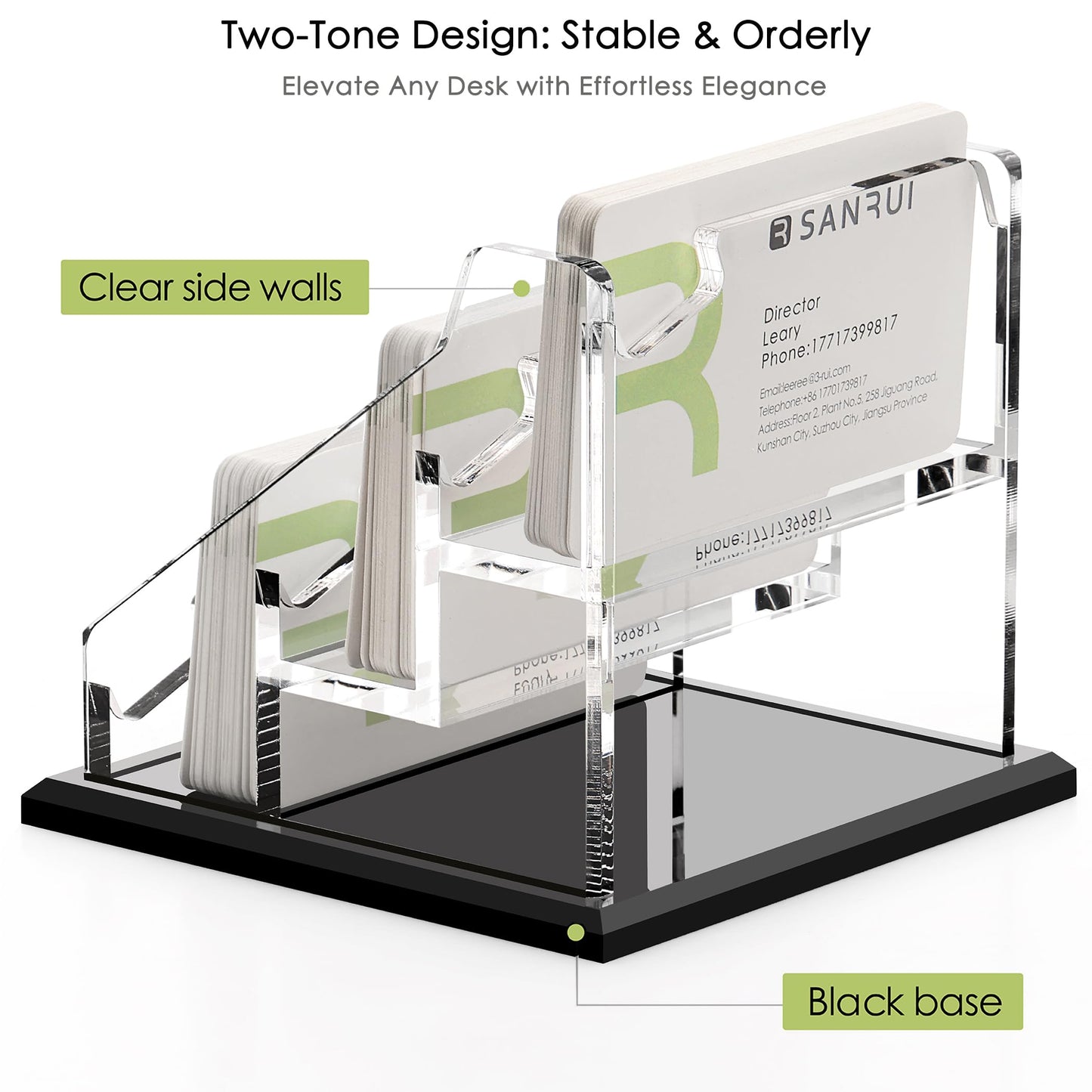 SANRUI Clear Acrylic Business Card Holder, 3-Slot Desktop Business Card Display Stand with Stable Widened Black Base, Desk Accessories Workspace Organizer for Office Reception Trade Show