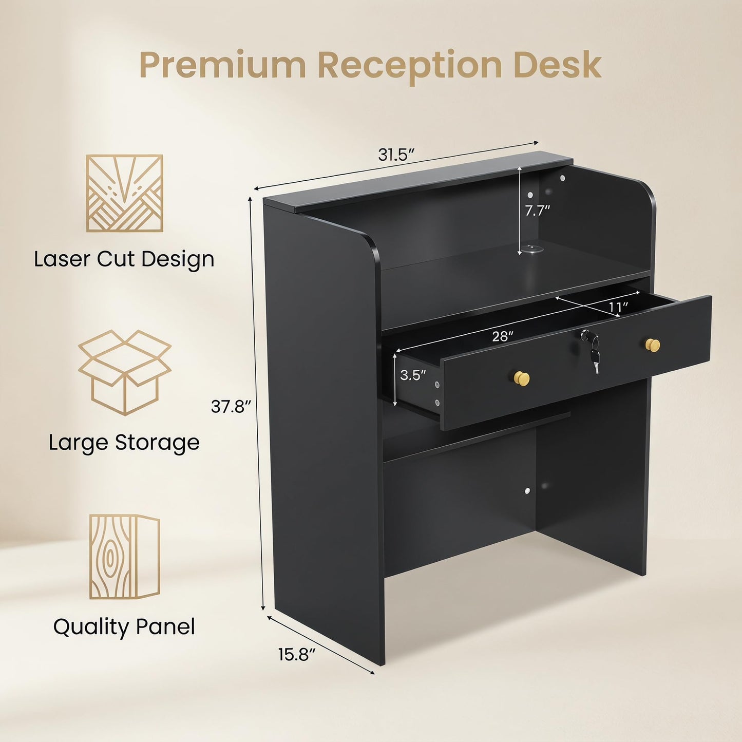 wupeiaoo Reception Desk with Counter, Modern Black Reception Desk with Drawers, Front Retail Counter for Checkout, Lobby, Beauty Salon, Home Office
