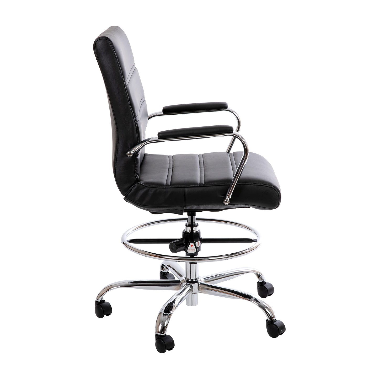 Flash Furniture Whitney Mid-Back Swivel LeatherSoft Drafting Chair with Padded Seat, Armrests, and Foot Ring, Adjustable Office Chair, Black/Chrome