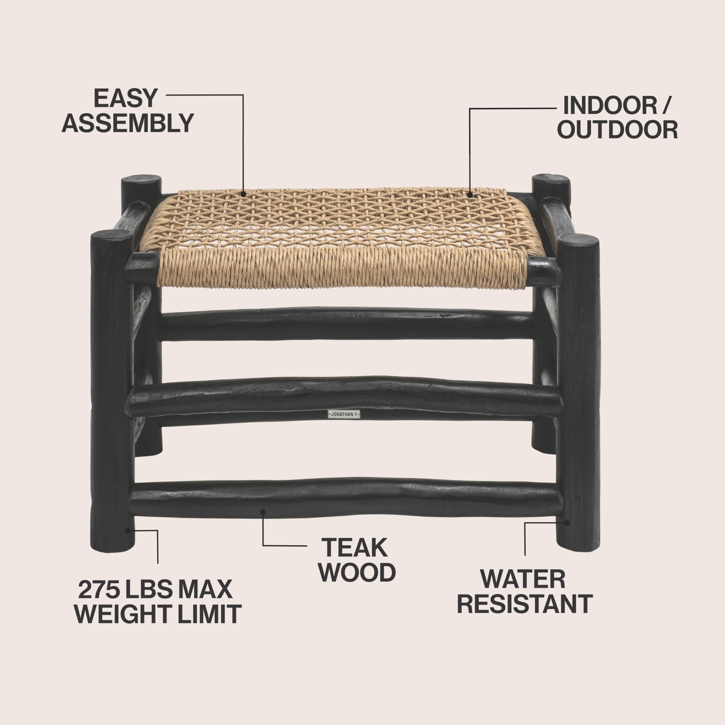 JONATHAN Y Chuck Bohemian Teak Wood Indoor Outdoor Accent Stool, 28" Handcrafted Backless Bench with Woven Synthetic Rattan Seat, Black Finish for Patio, Living Room, or Entryway STL3001B