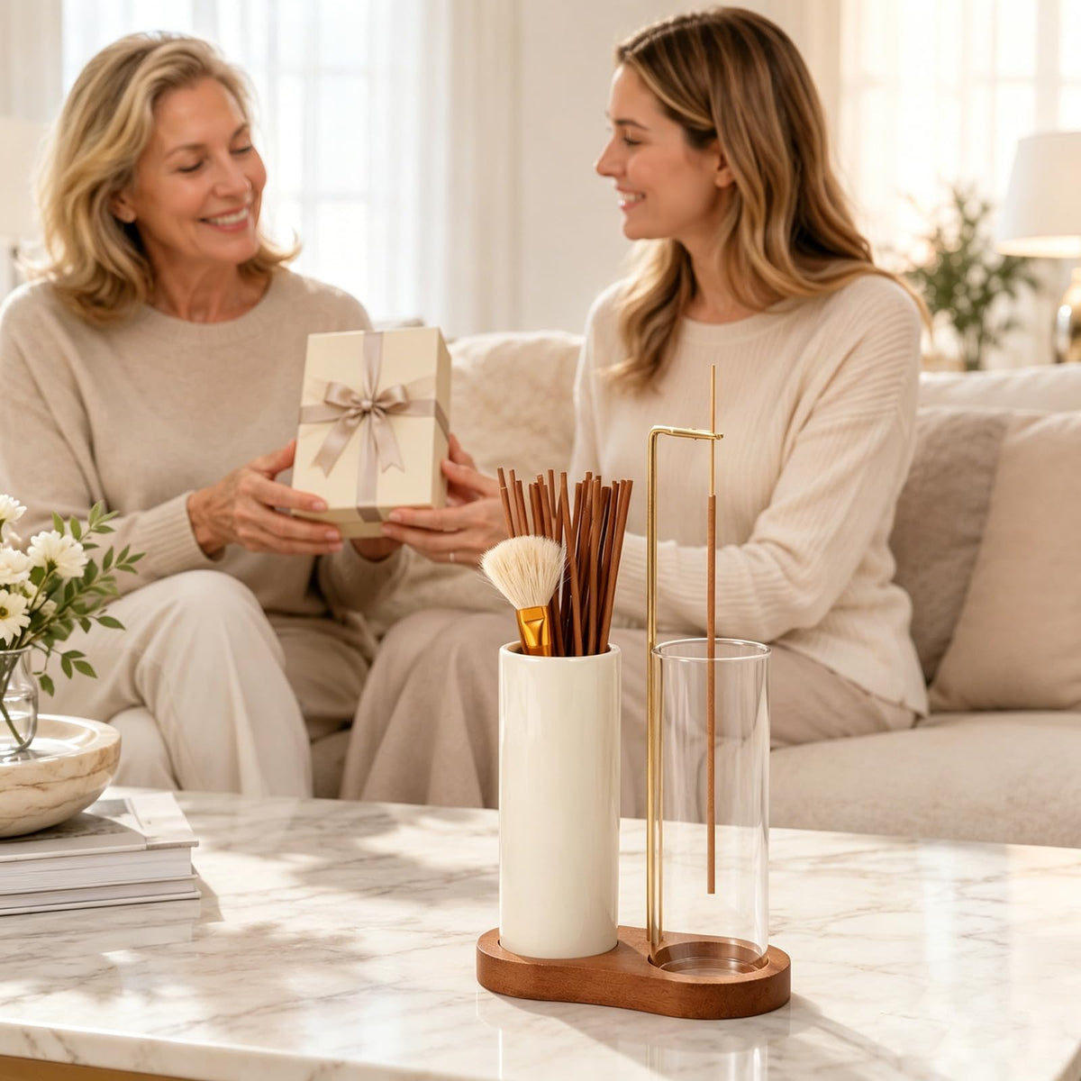 2 in 1 Incense Holder with Glass Ash Catcher, Ceramic Storage Jar, 25 Incense Sticks & Ash Brush, Ideal for Meditation, Yoga, Spa & Home Decor