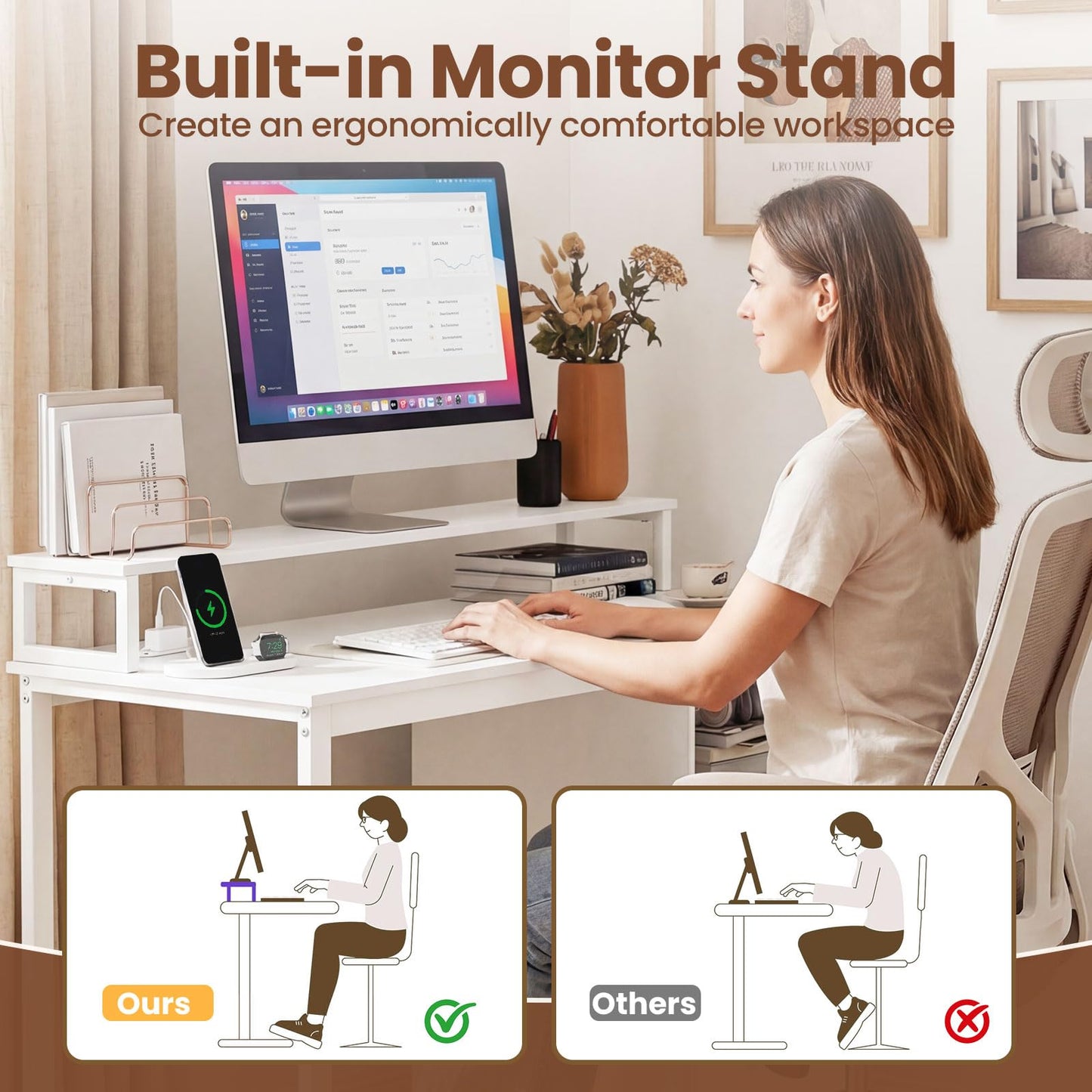 Tangkula Computer Desk with Storage Drawers & Shelves, 48" Home Office Desk with Monitor Stand & Power Outlets, Modern Study Work Writing Table, PC Laptop Desk for Small Spaces, Bedroom, White