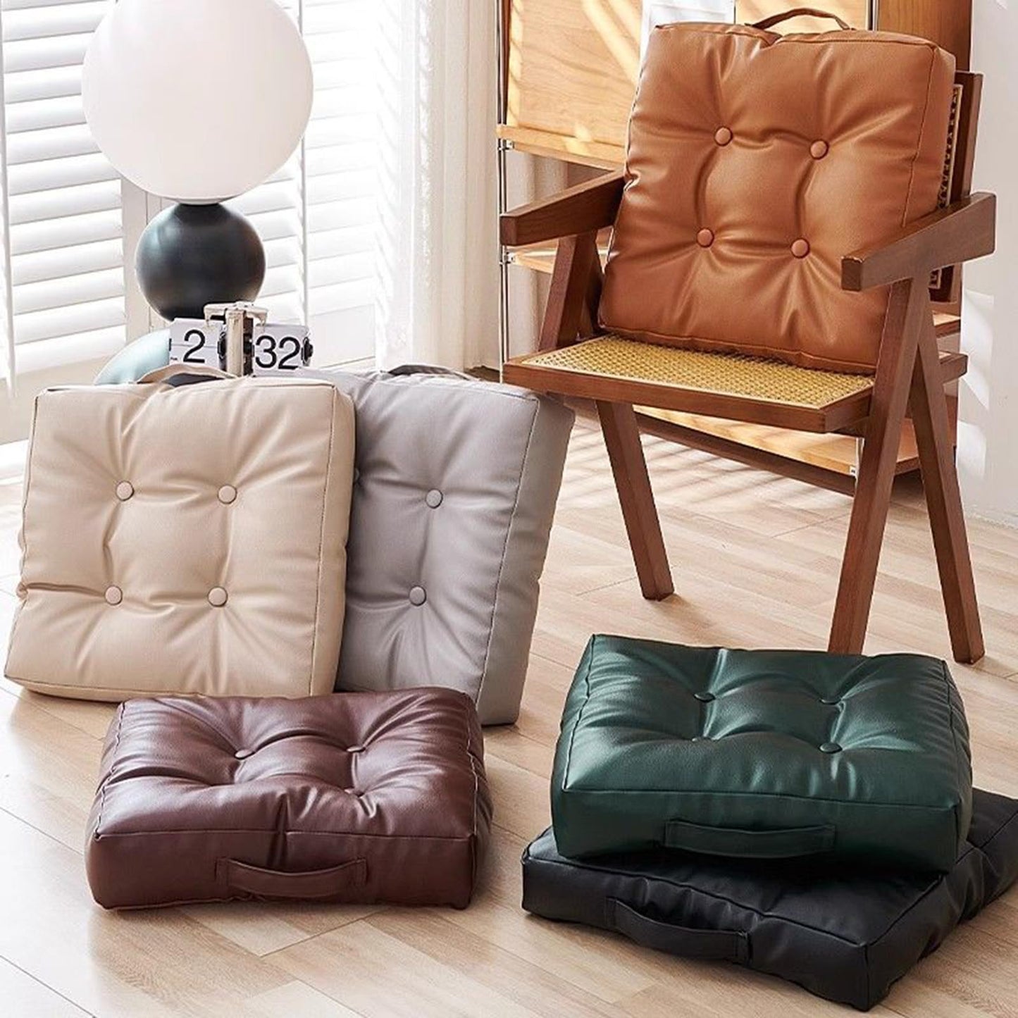Dual Sided Bench Cushion - Waterproof Faux Leather & Plush Velvet Reversible Seat Pad (16"/18"), Non-Slip Chair Cushion with Handle (6 Colors) (Orange, 18x18x3 Inch (Pack of 1))